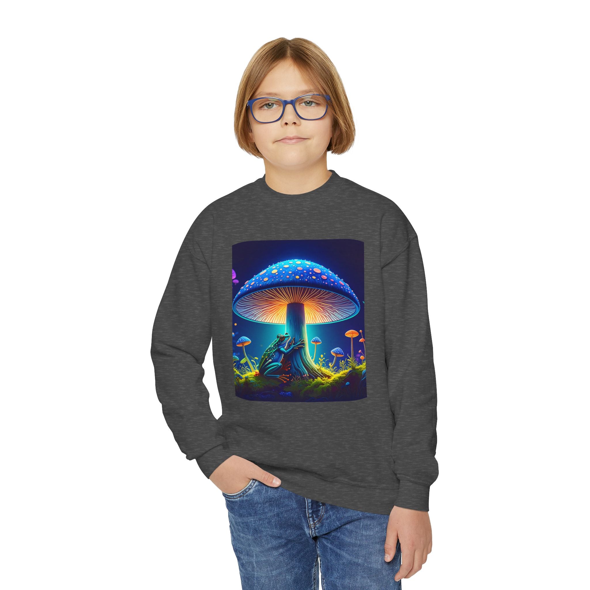 Youth Crewneck Sweatshirt — Neon Mushroom Fantasy Graphic