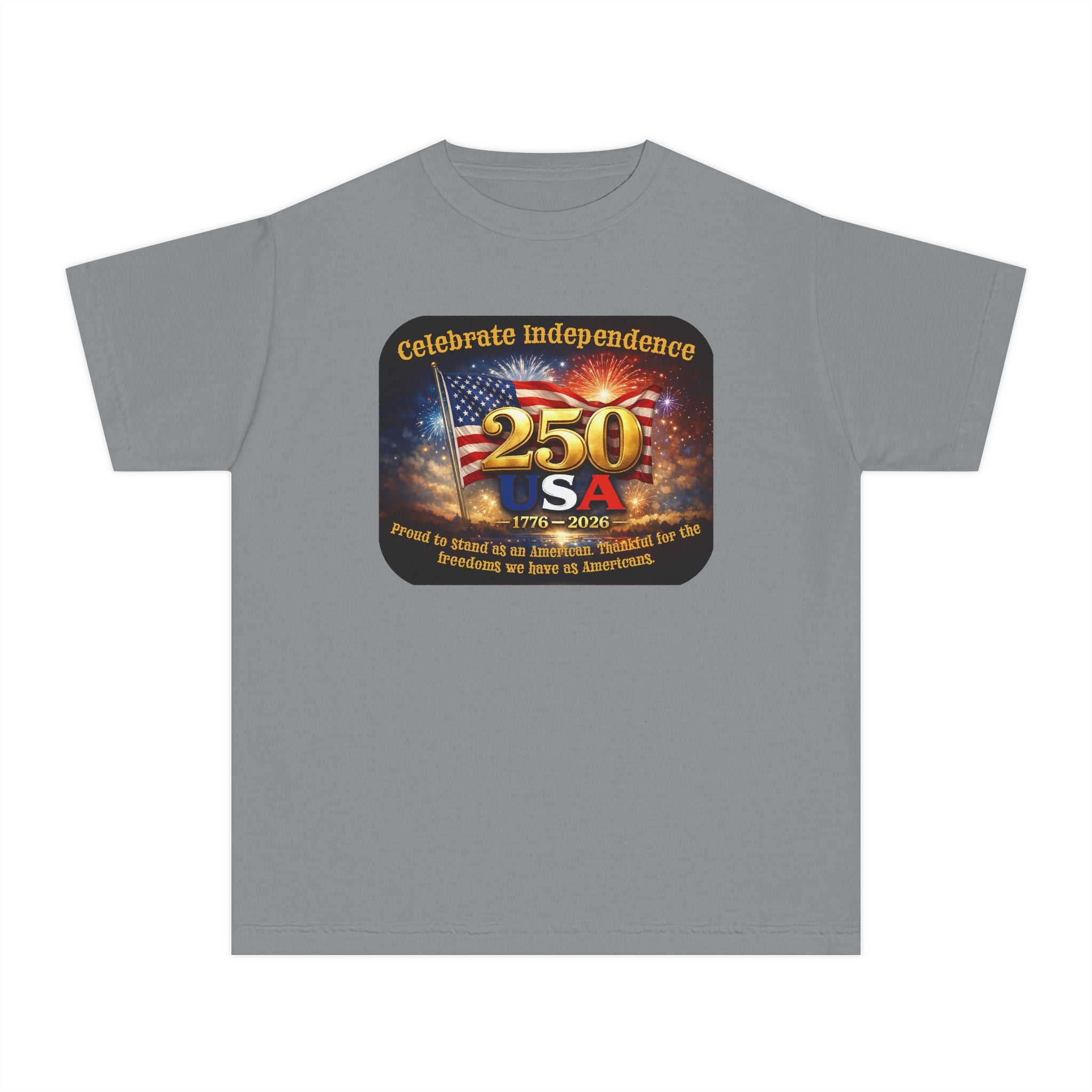 Youth Tee — "Celebrate Independence 250 USA" Patriotic Fireworks T-Shirt