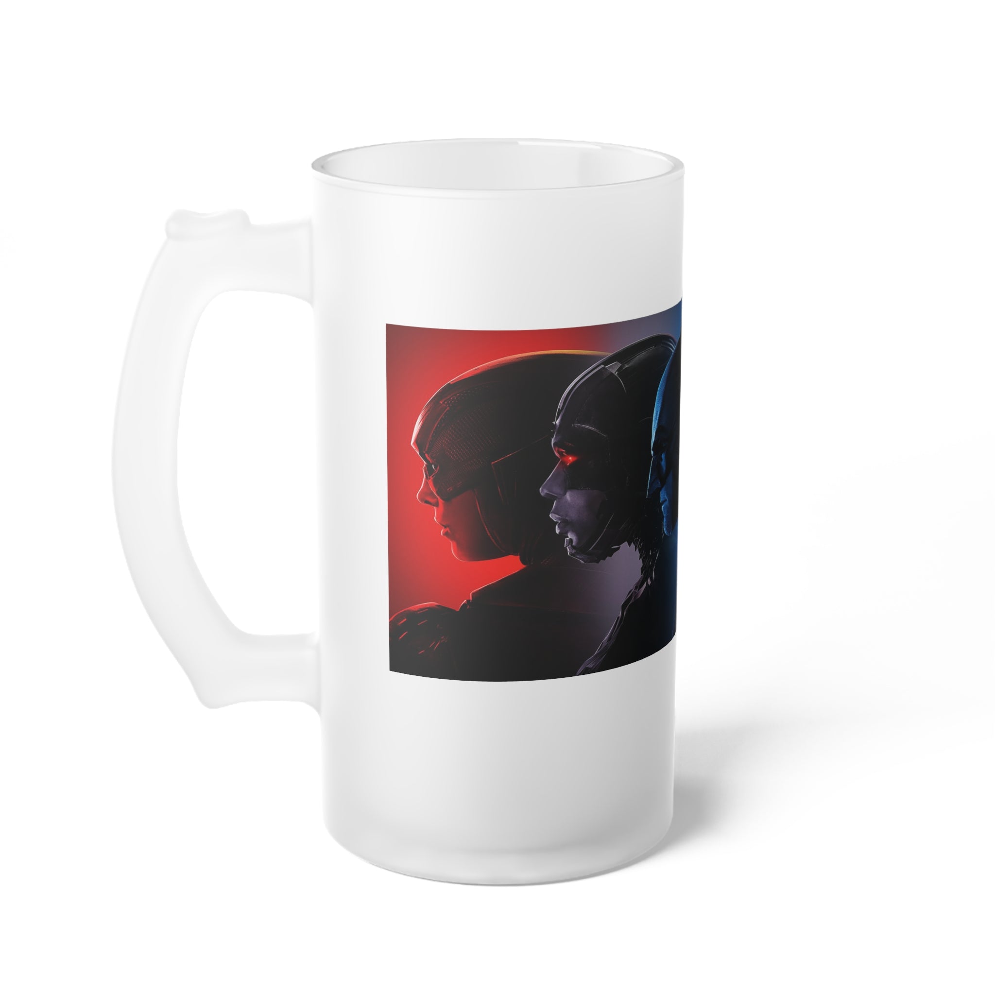 Frosted Glass Beer Mug – Retro Sci‑Fi Heroes Profile Artwork