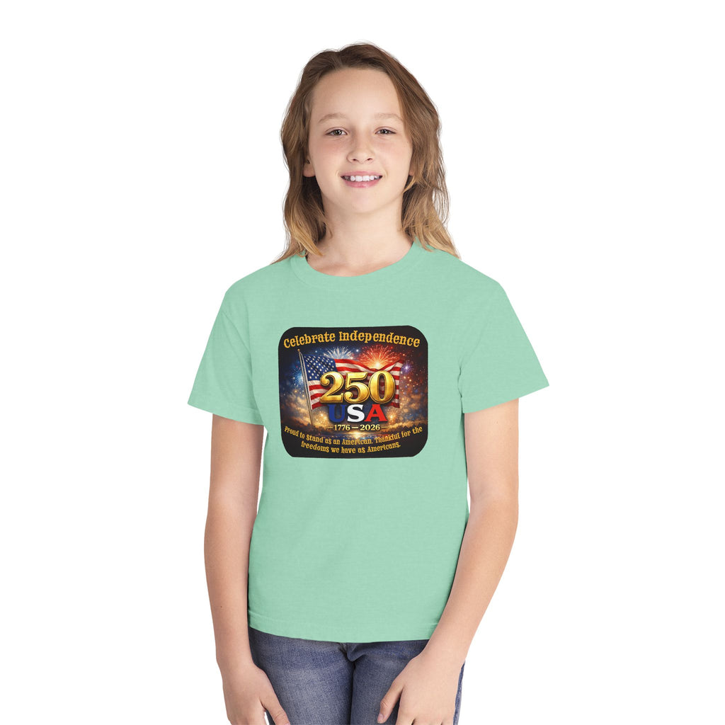 Youth Tee — "Celebrate Independence 250 USA" Patriotic Fireworks T-Shirt