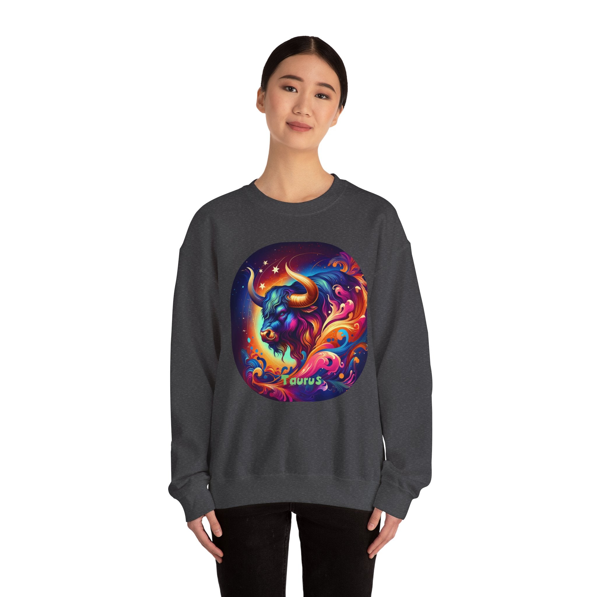 Taurus Zodiac Crewneck Sweatshirt — Vibrant Neon Bull Astrology Sweatshirt