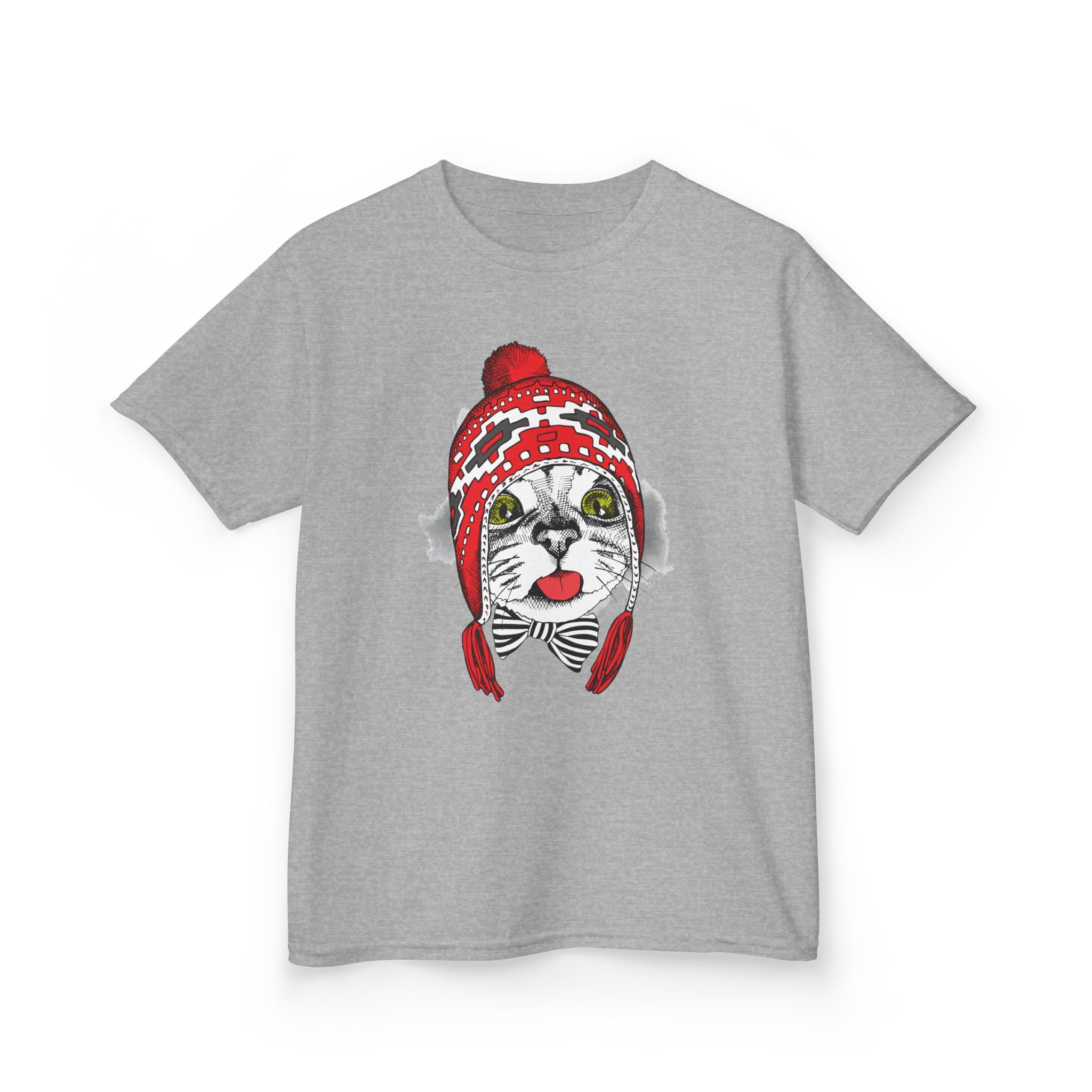 Kids Tee — Cat in Red Winter Hat & Bow Tie Holiday Shirt