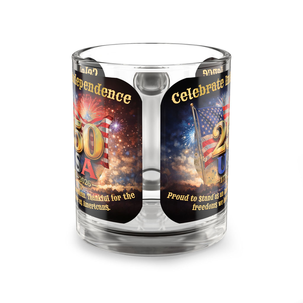 250th USA Independence Glass Mug — Celebrate Independence Day 1776–2026, Patriotic American Flag & Fireworks Coffee Cup