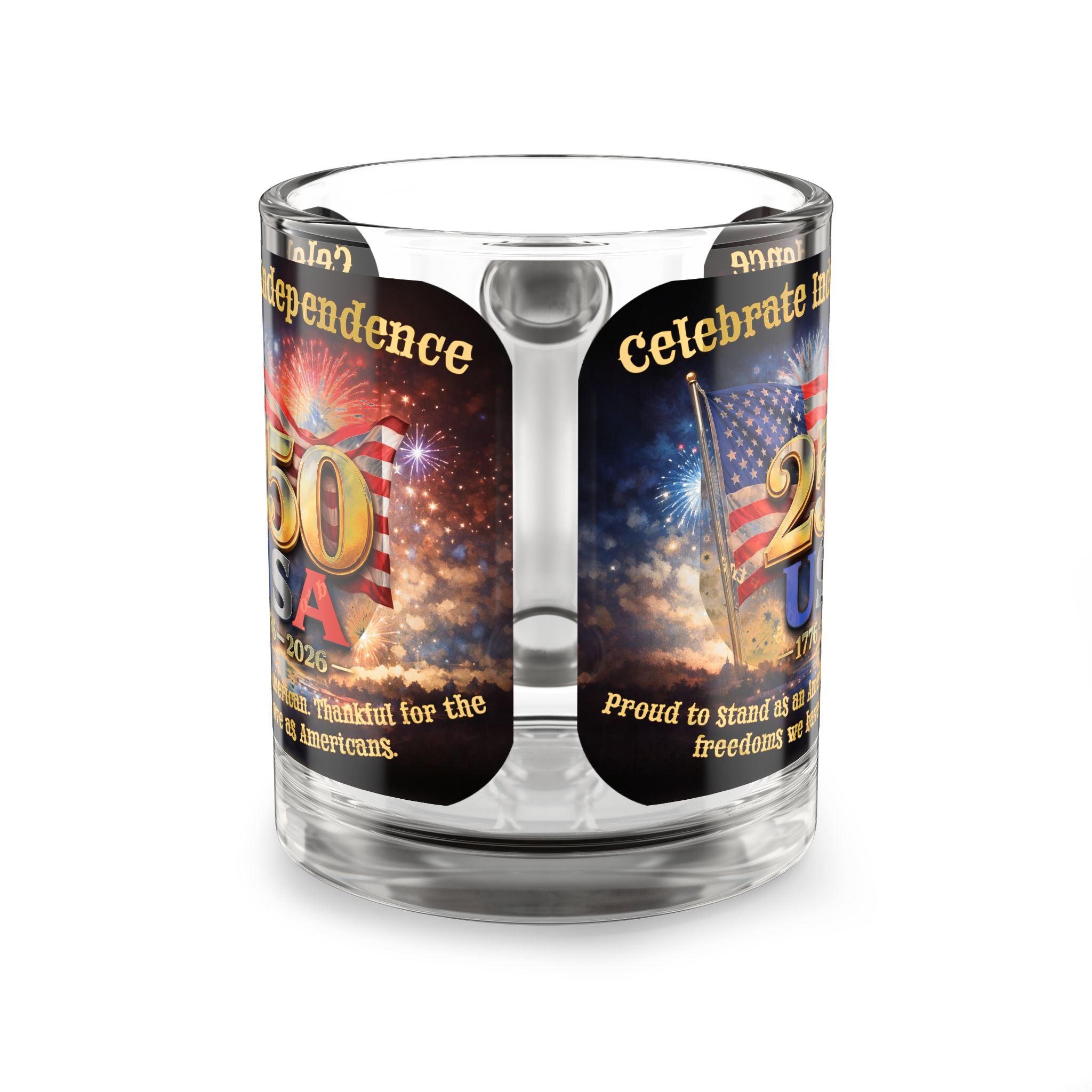250th USA Independence Glass Mug — Celebrate Independence Day 1776–2026, Patriotic American Flag & Fireworks Coffee Cup
