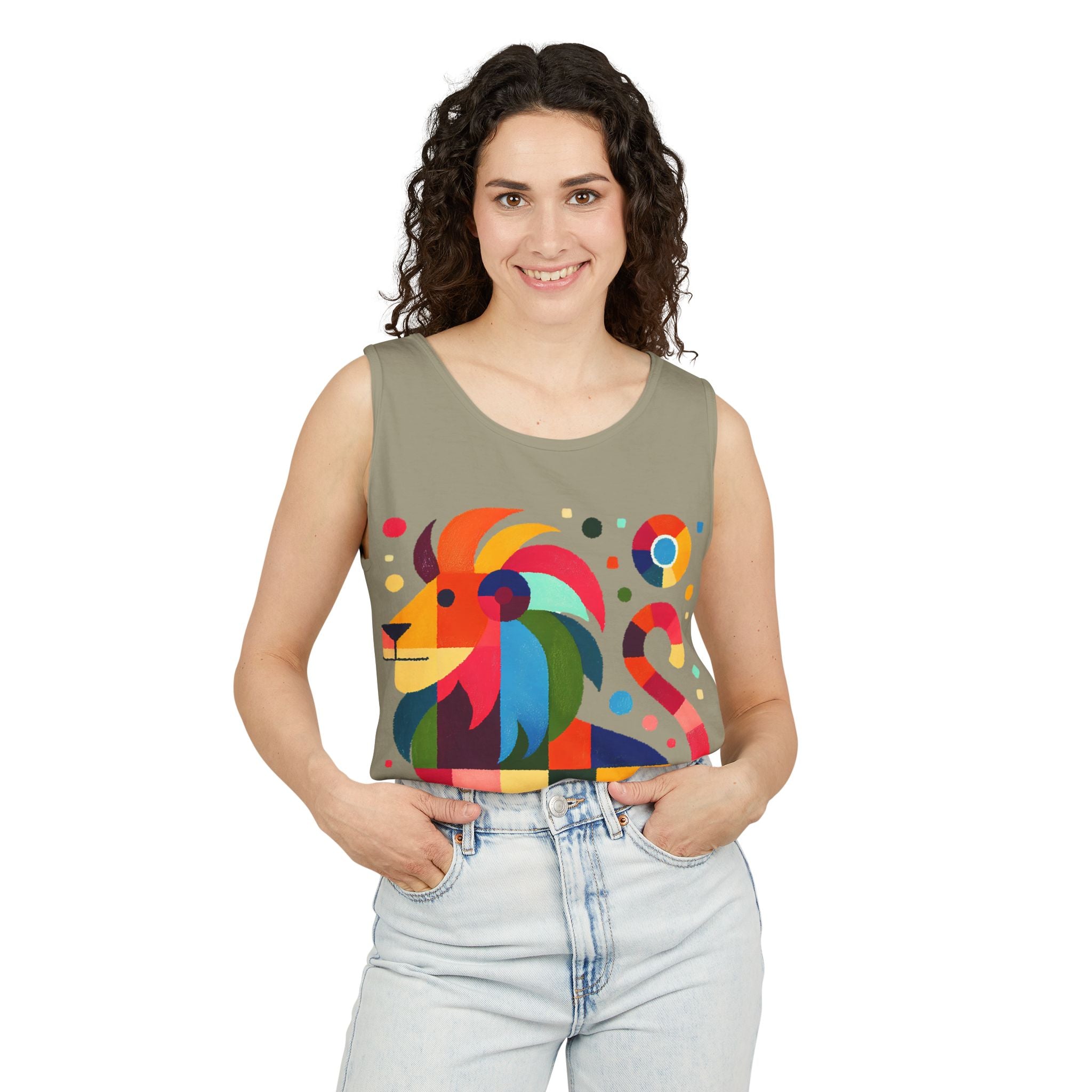 Colorful Geometric Lion Tank Top — Vibrant Pride & Zodiac Leo Graphic Tank