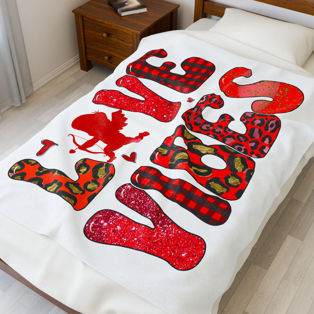 Valentine’s Love Birds Velveteen Plush Blanket — Red Buffalo Check & Leopard Heart Design