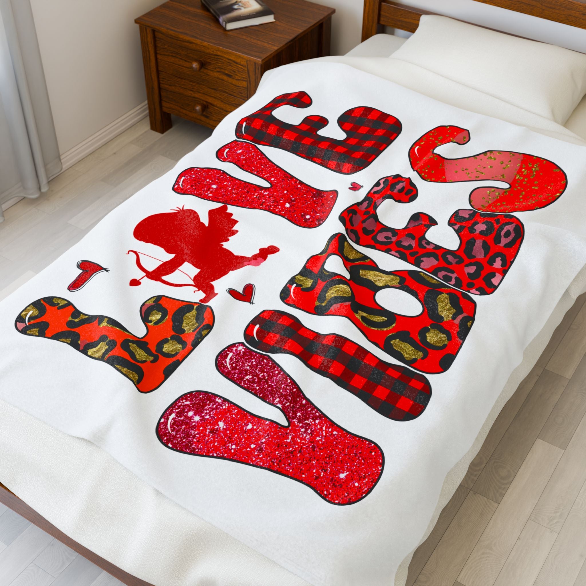 Valentine’s Love Birds Velveteen Plush Blanket — Red Buffalo Check & Leopard Heart Design
