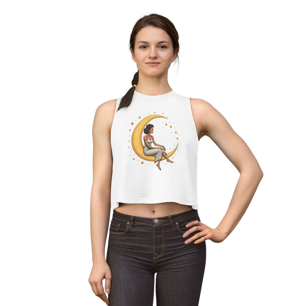 Moon Goddess Crop Top — Black Woman Sitting on Crescent Moon Graphic