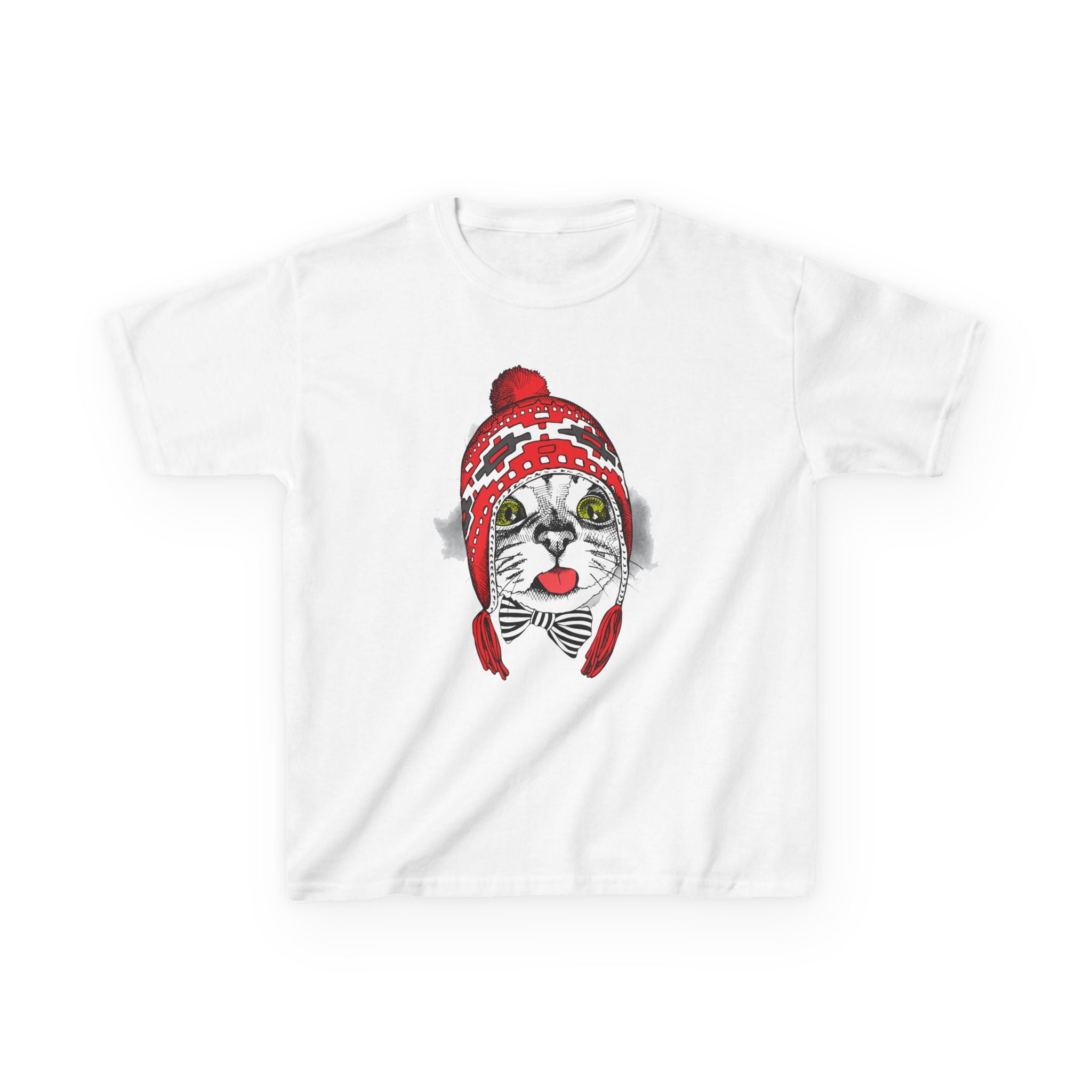 Kids Tee — Cat in Red Winter Hat & Bow Tie Holiday Shirt