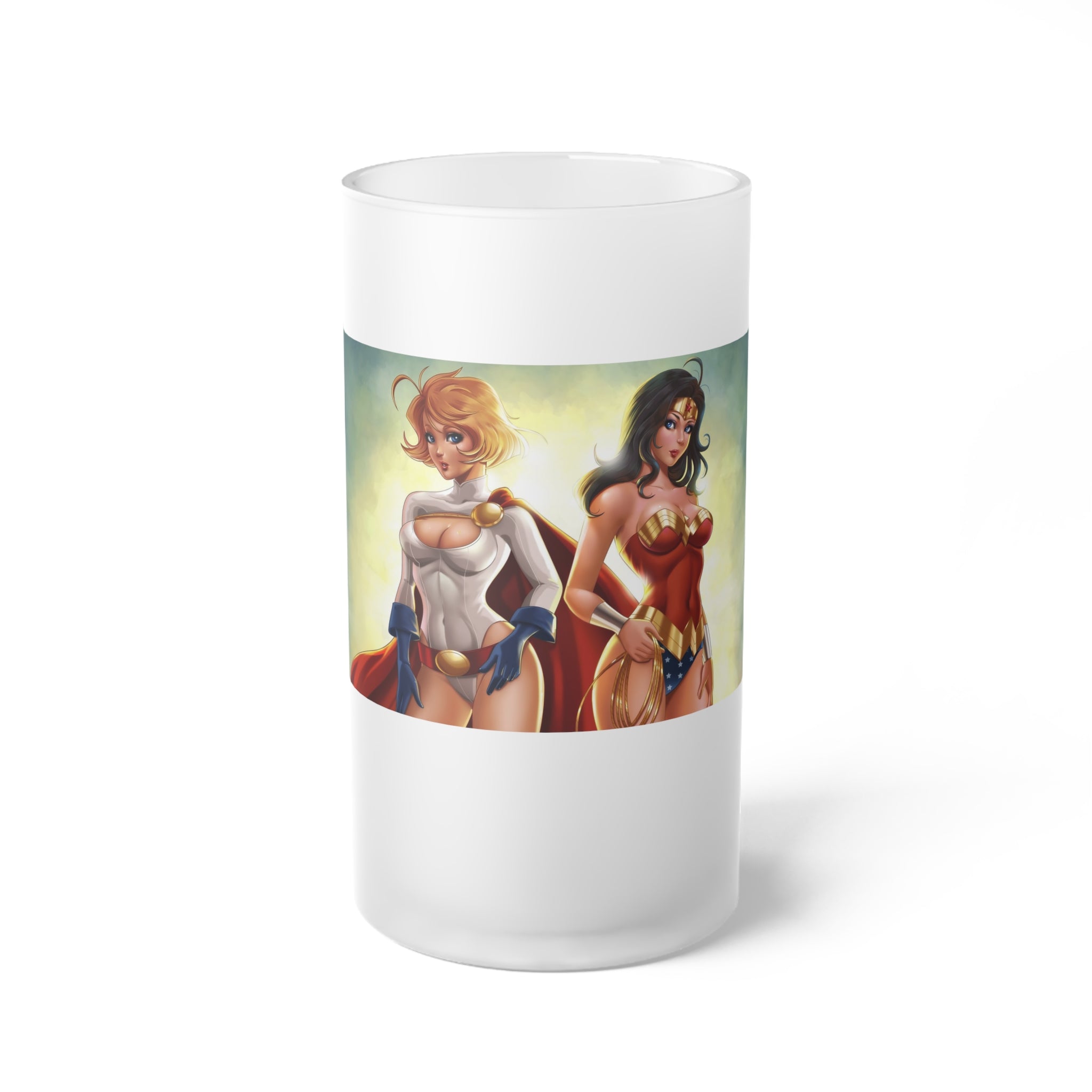 Frosted Glass Beer Mug — Retro Superhero Pin-Up Art