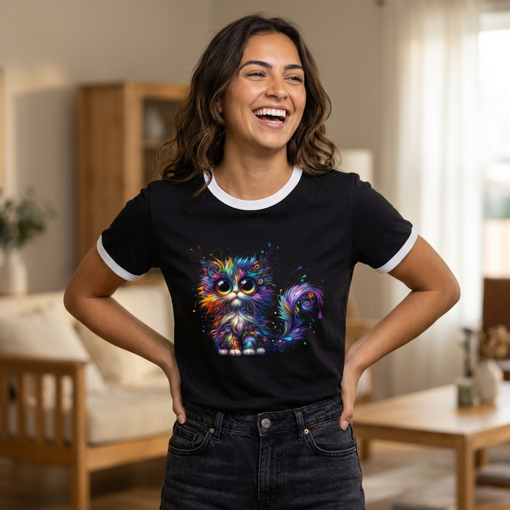 Colorful Whimsical Cat Ringer Tee