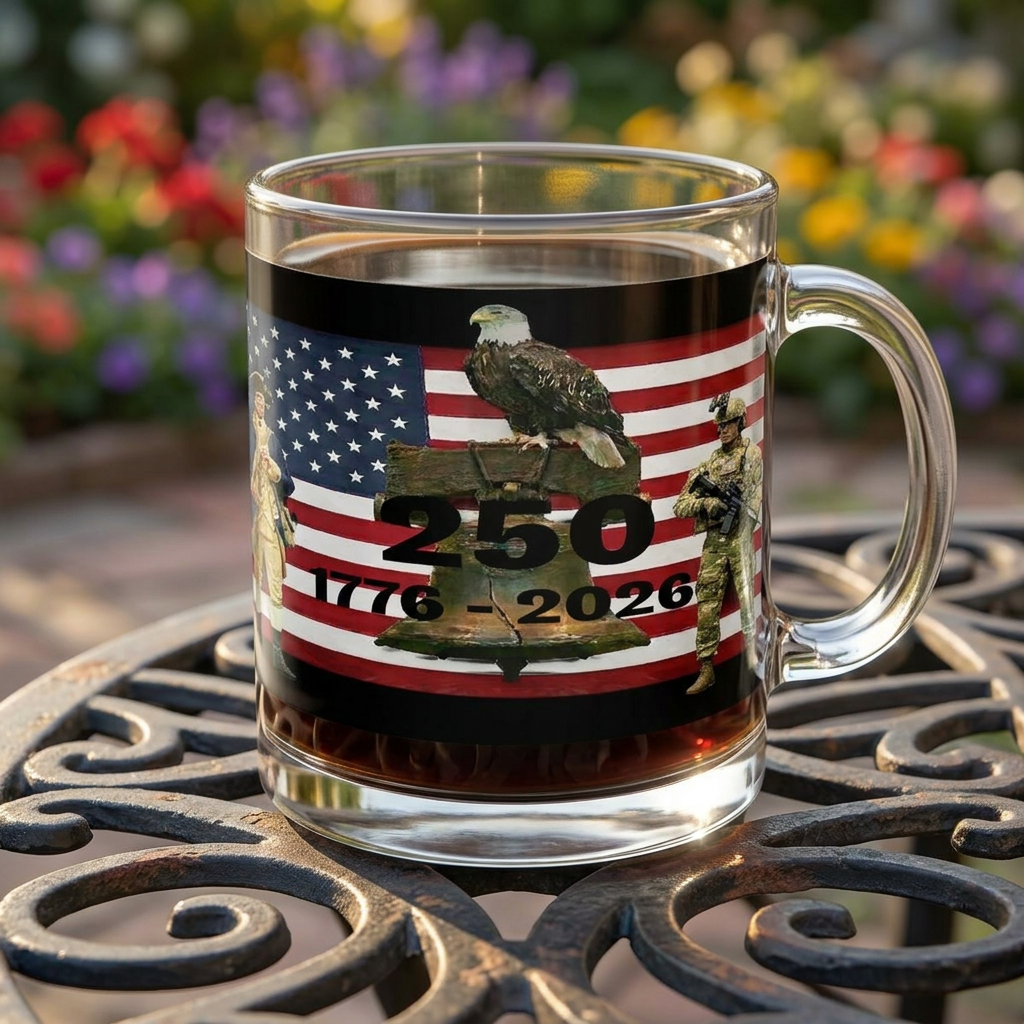 250th American Revolution Glass Mug – 1776-2026 Patriotic Eagle & Soldier Coffee Mug