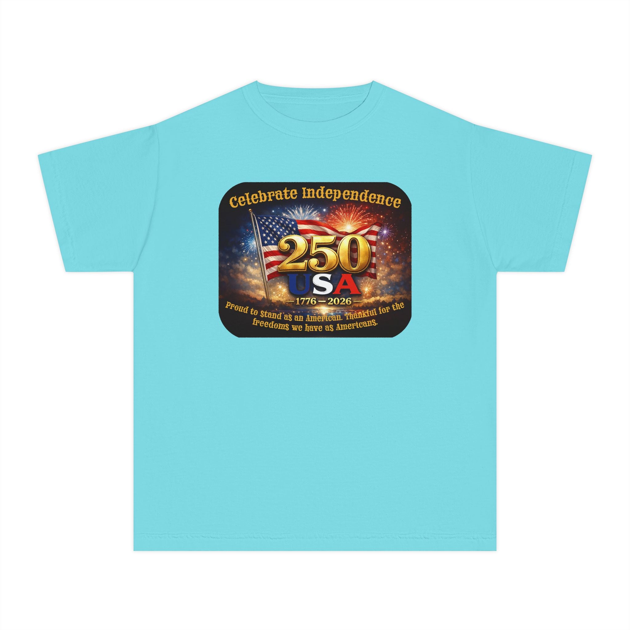Youth Tee — "Celebrate Independence 250 USA" Patriotic Fireworks T-Shirt