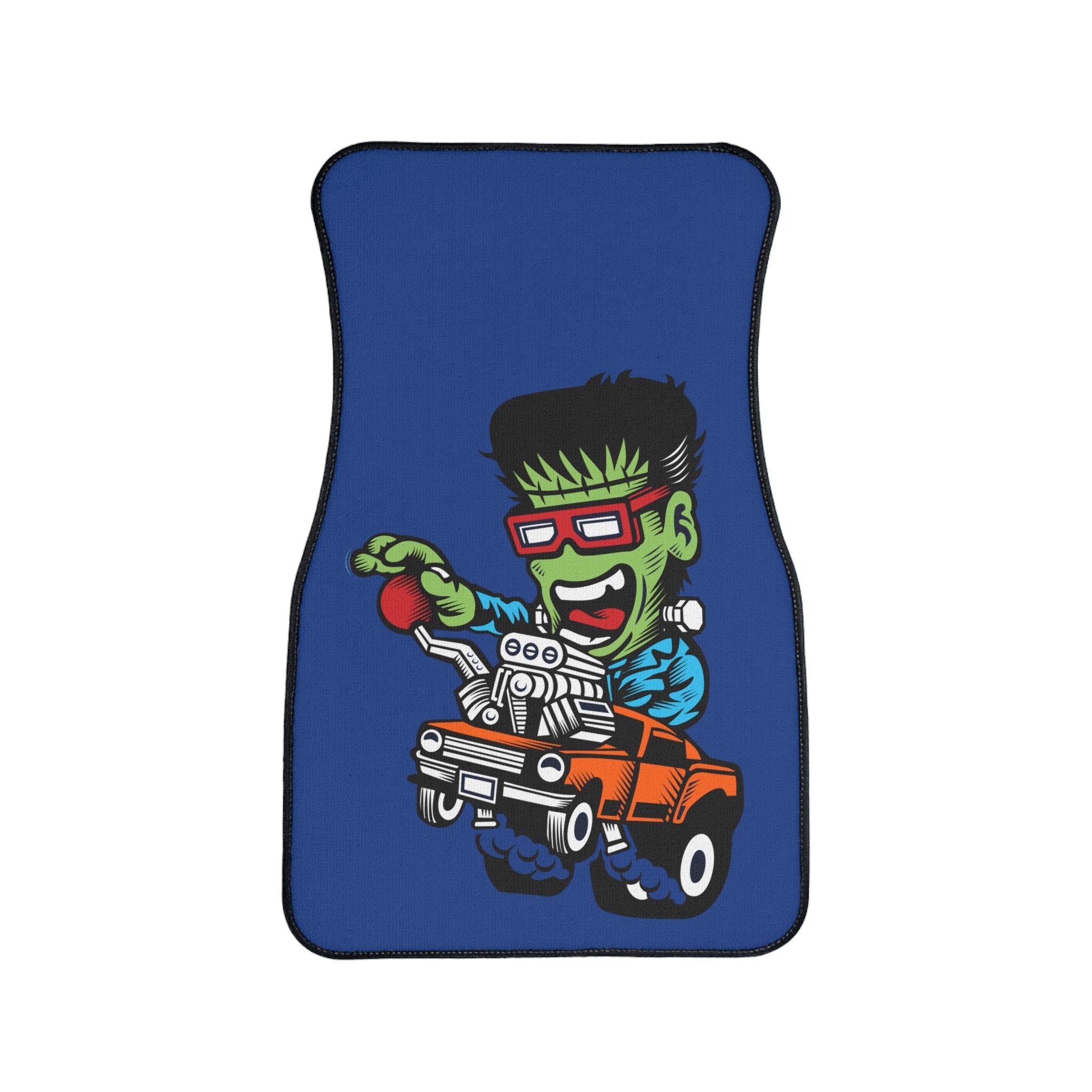 Monster Truck Driver Car Floor Mat — Blue Cartoon Hot Rod Design