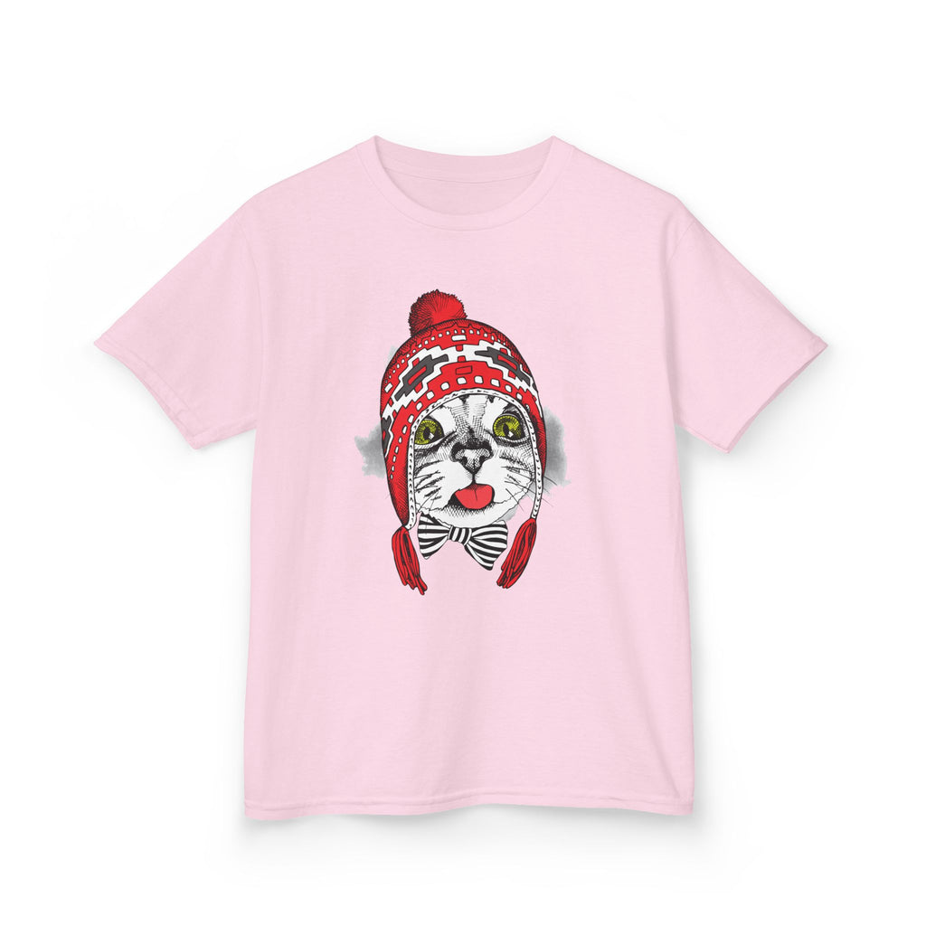 Kids Tee — Cat in Red Winter Hat & Bow Tie Holiday Shirt