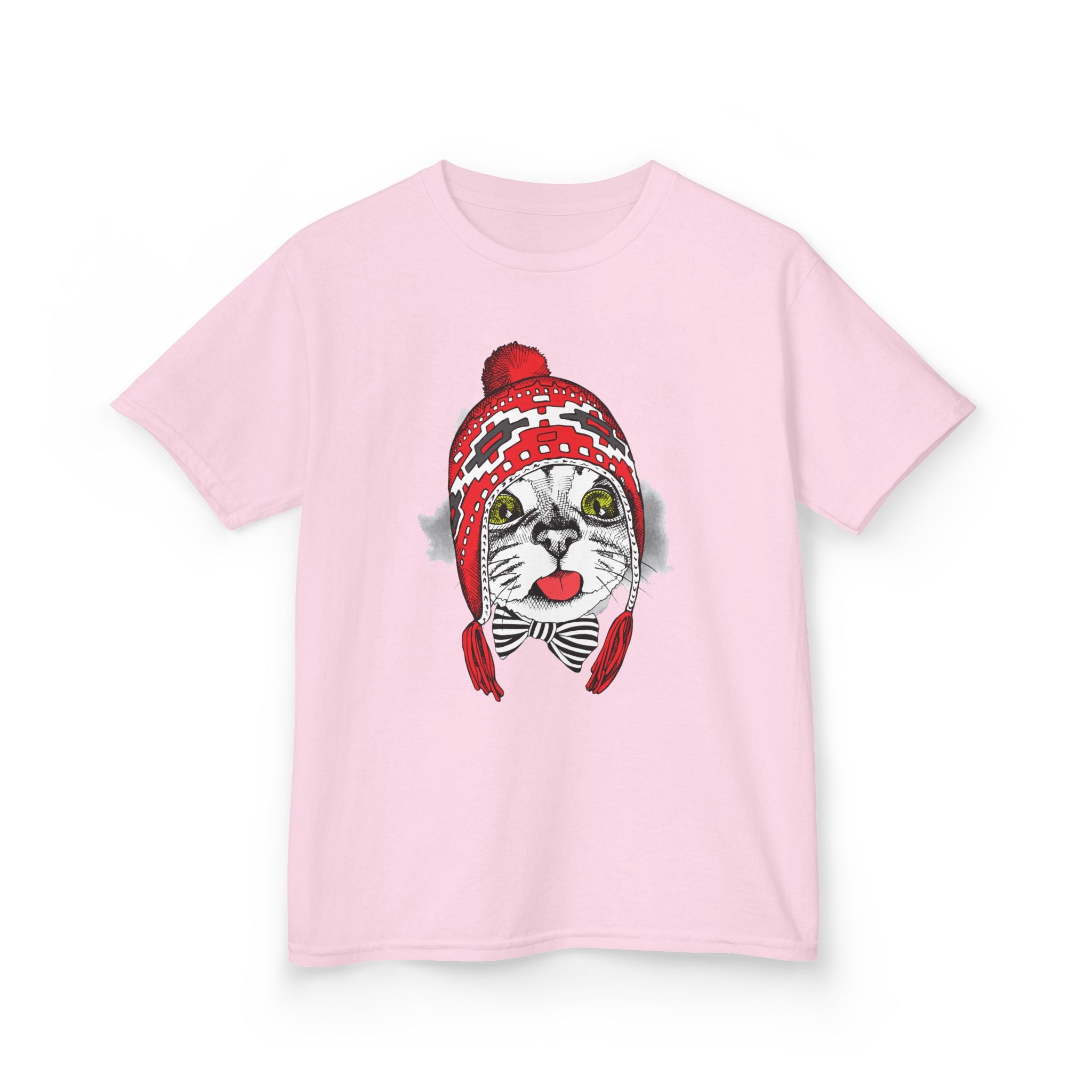 Kids Tee — Cat in Red Winter Hat & Bow Tie Holiday Shirt
