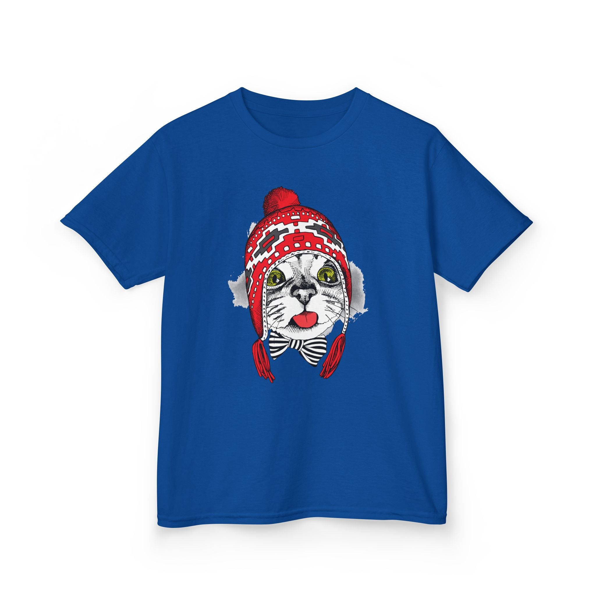 Kids Tee — Cat in Red Winter Hat & Bow Tie Holiday Shirt