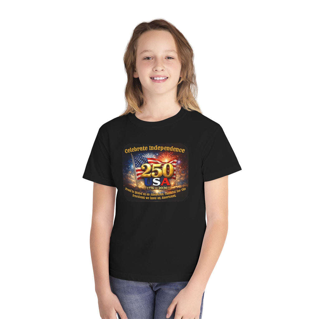 Youth Tee — "Celebrate Independence 250 USA" Patriotic Fireworks T-Shirt