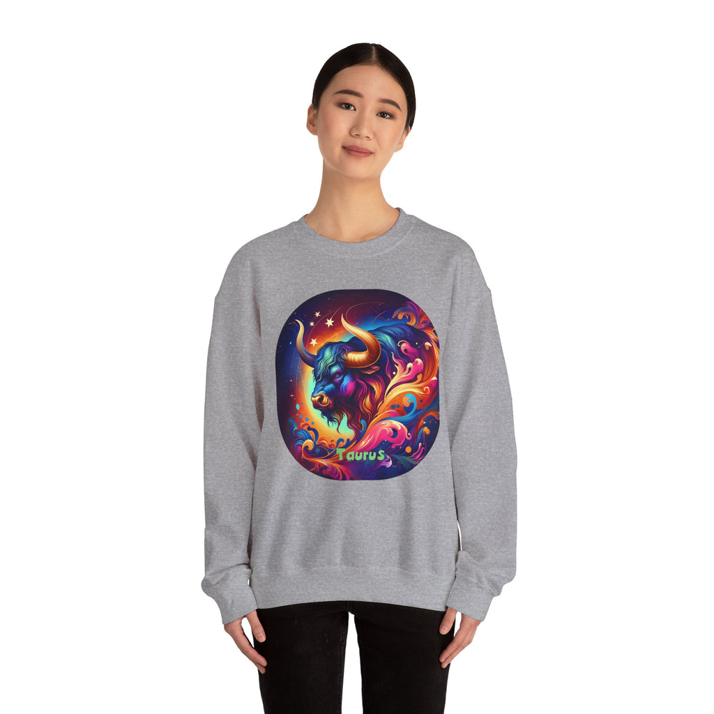 Taurus Zodiac Crewneck Sweatshirt — Vibrant Neon Bull Astrology Sweatshirt
