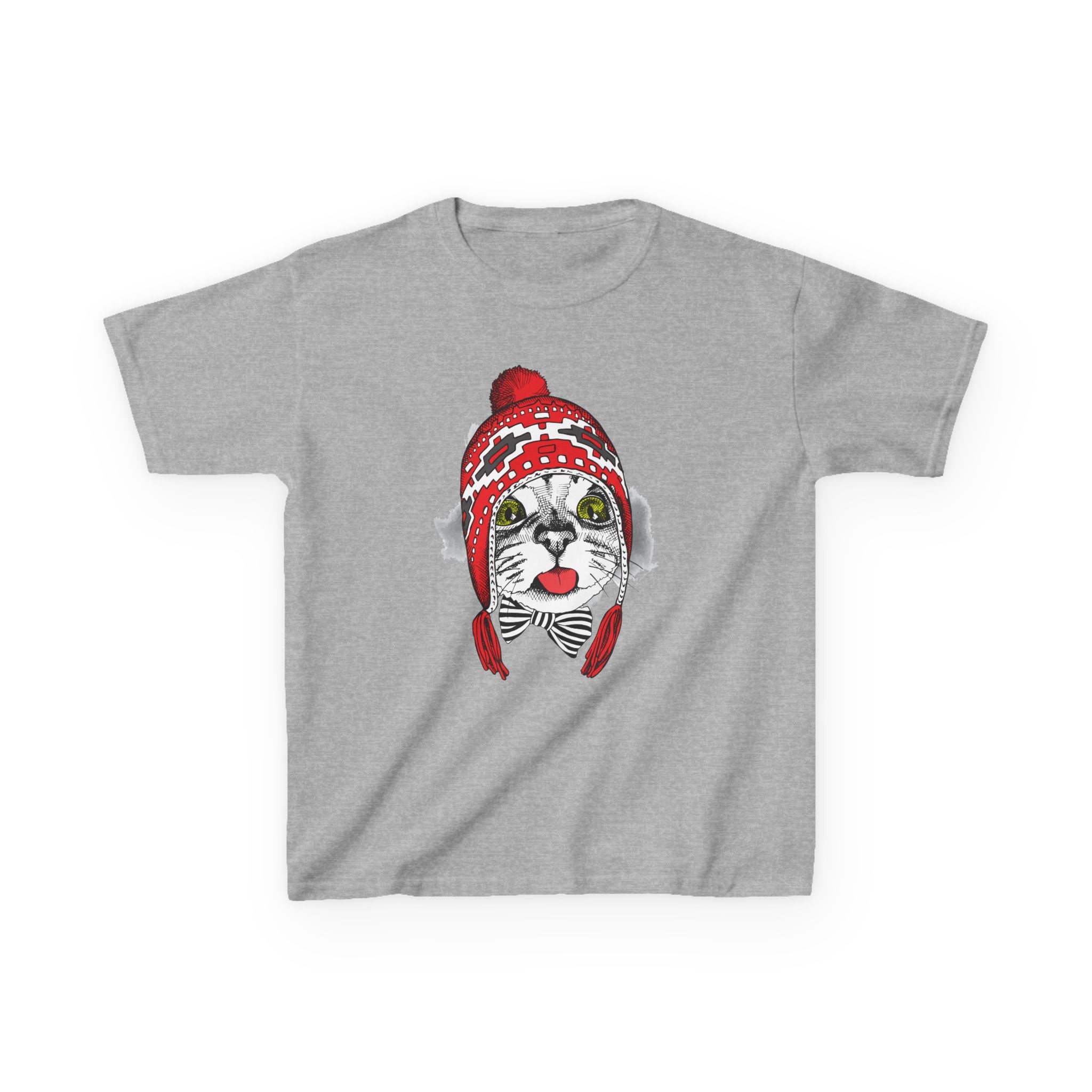 Kids Tee — Cat in Red Winter Hat & Bow Tie Holiday Shirt