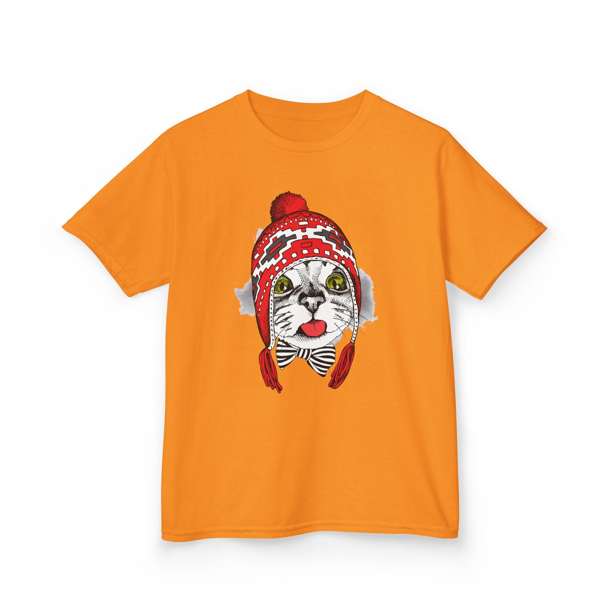 Kids Tee — Cat in Red Winter Hat & Bow Tie Holiday Shirt