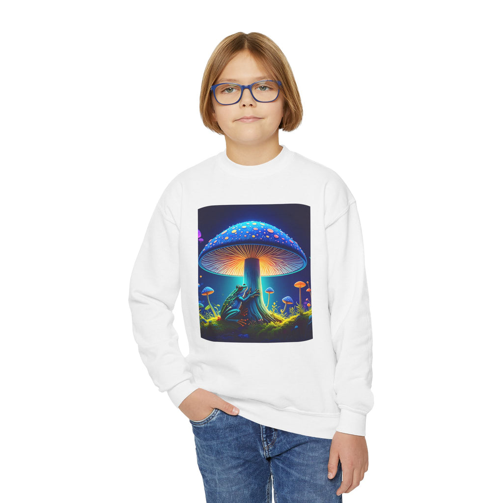 Youth Crewneck Sweatshirt — Neon Mushroom Fantasy Graphic
