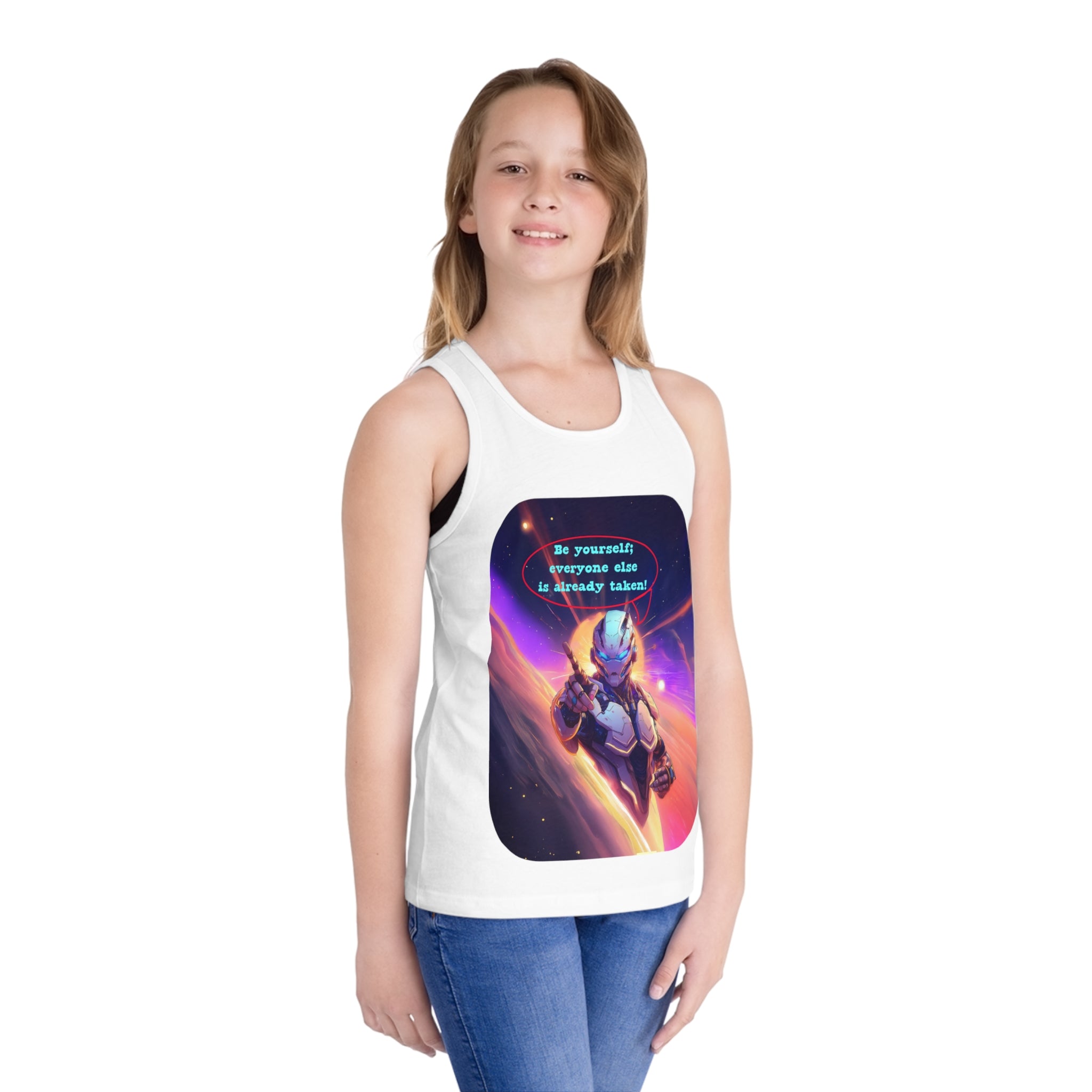Kids Tank Top — Space Hero Graphic with "Be yourself! Everyone else is already taken" Quote