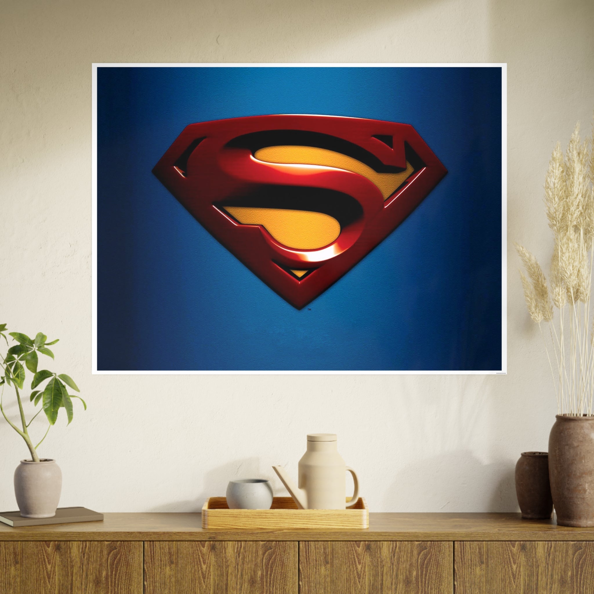 Superman Emblem Photo Art Poster — Retro Comic Logo Wall Print