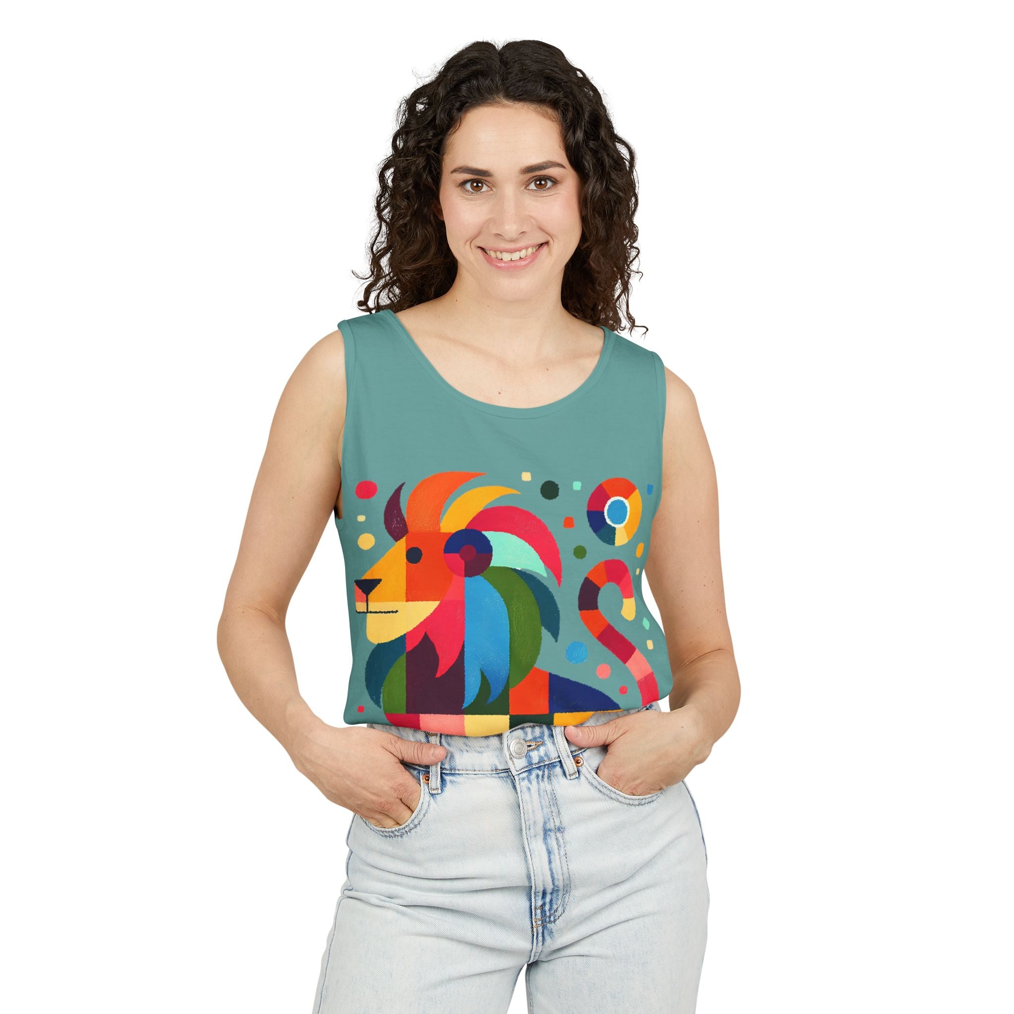 Colorful Geometric Lion Tank Top — Vibrant Pride & Zodiac Leo Graphic Tank