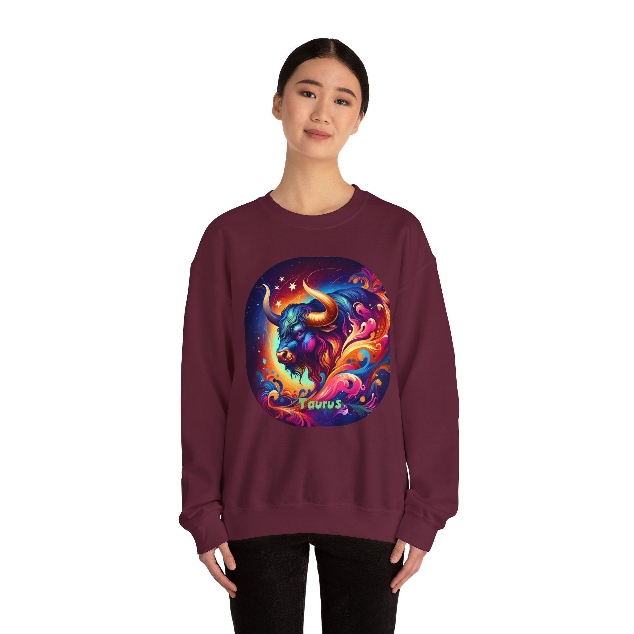 Taurus Zodiac Crewneck Sweatshirt — Vibrant Neon Bull Astrology Sweatshirt