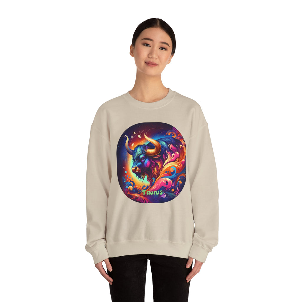 Taurus Zodiac Crewneck Sweatshirt — Vibrant Neon Bull Astrology Sweatshirt