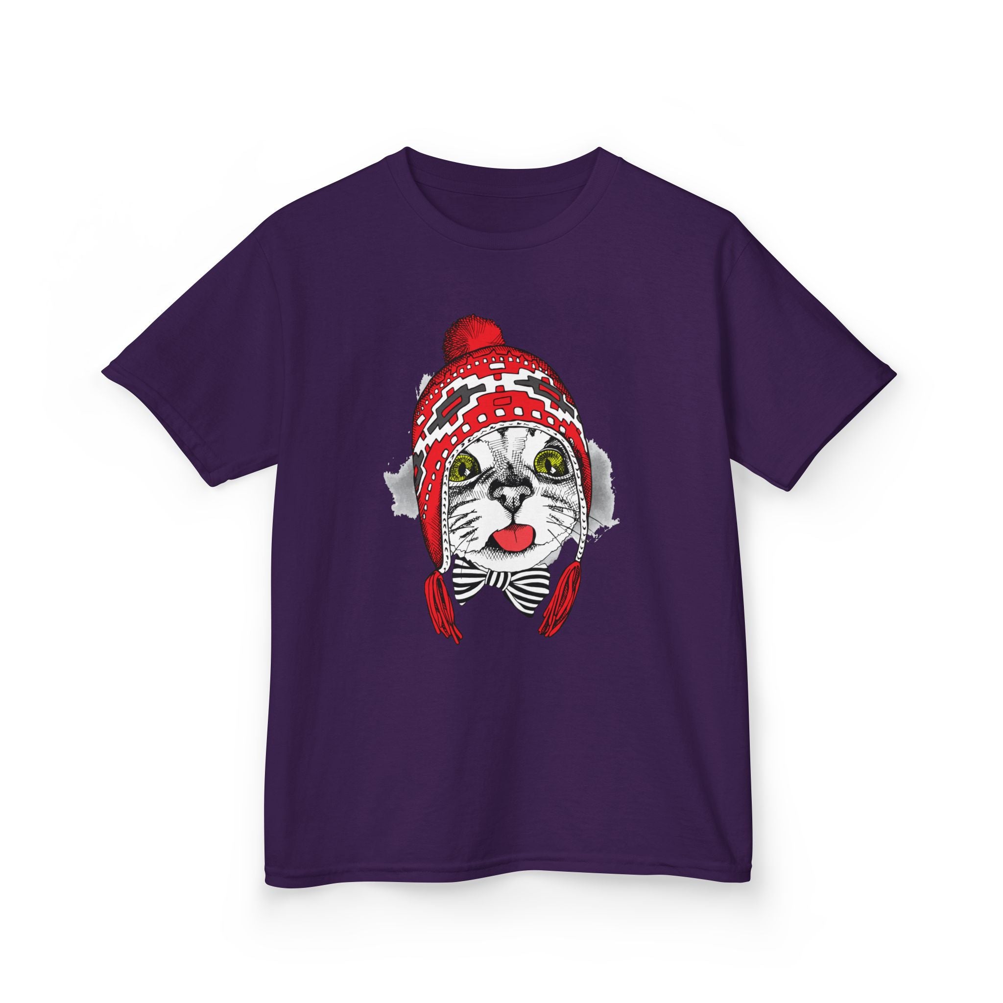 Kids Tee — Cat in Red Winter Hat & Bow Tie Holiday Shirt