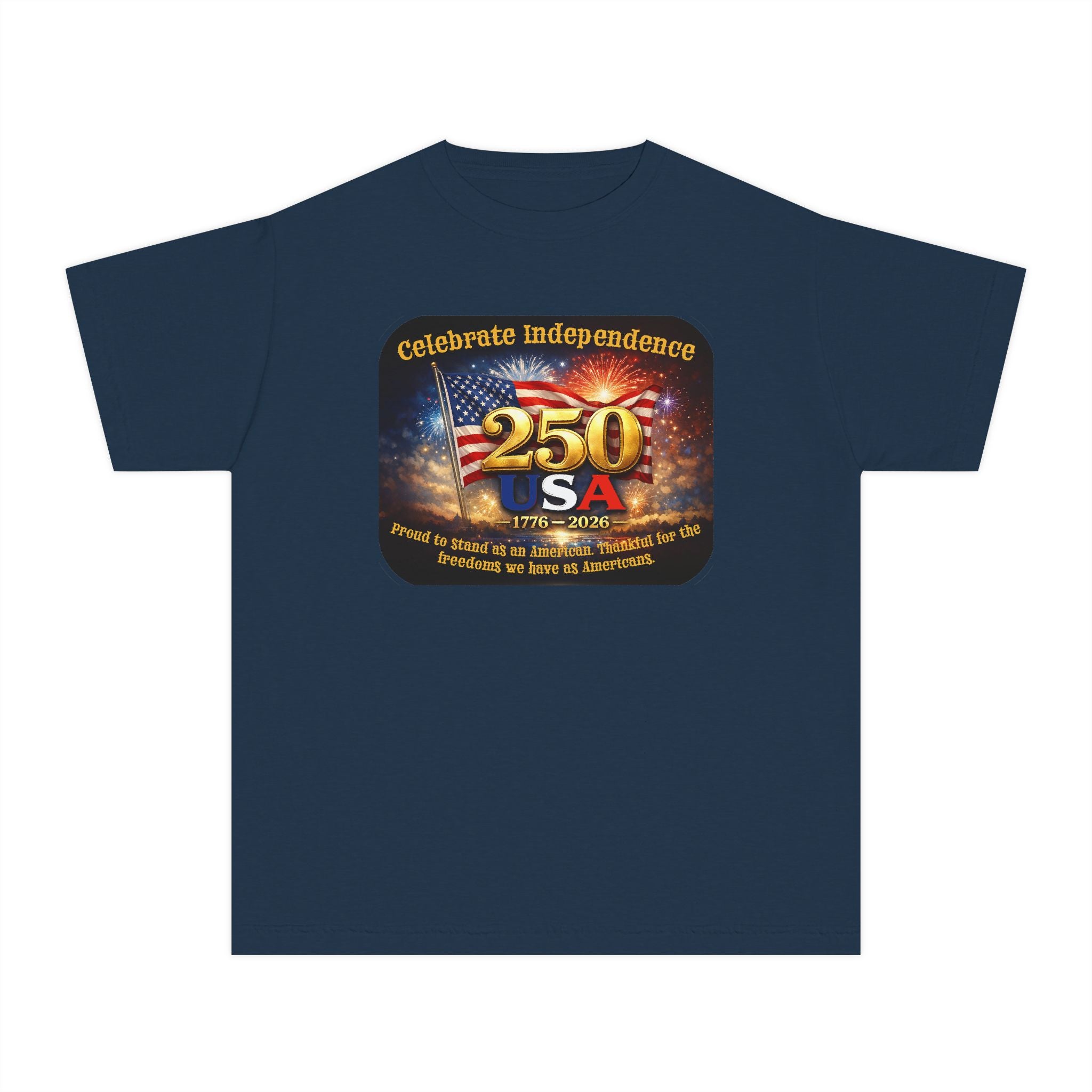 Youth Tee — "Celebrate Independence 250 USA" Patriotic Fireworks T-Shirt