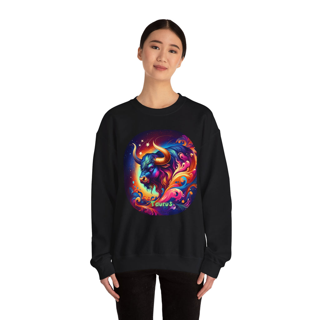 Taurus Zodiac Crewneck Sweatshirt — Vibrant Neon Bull Astrology Sweatshirt