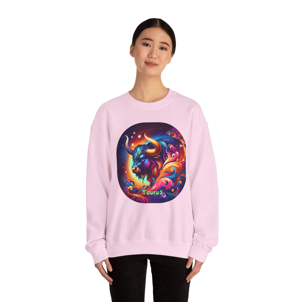 Taurus Zodiac Crewneck Sweatshirt — Vibrant Neon Bull Astrology Sweatshirt