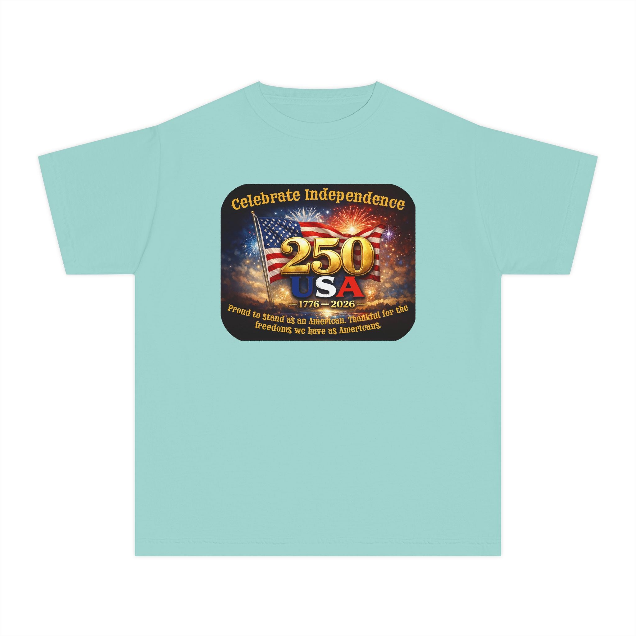 Youth Tee — "Celebrate Independence 250 USA" Patriotic Fireworks T-Shirt