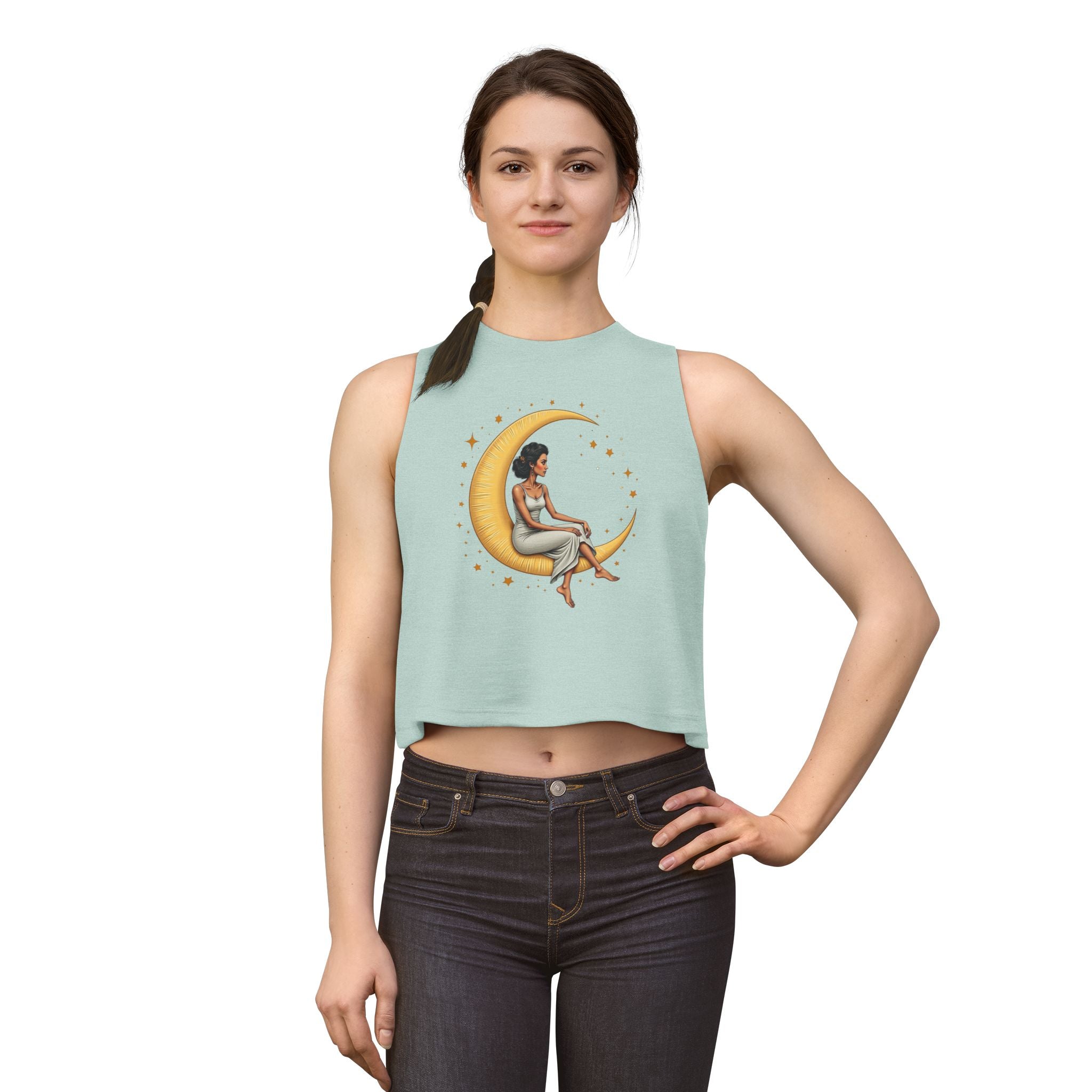 Moon Goddess Crop Top — Black Woman Sitting on Crescent Moon Graphic