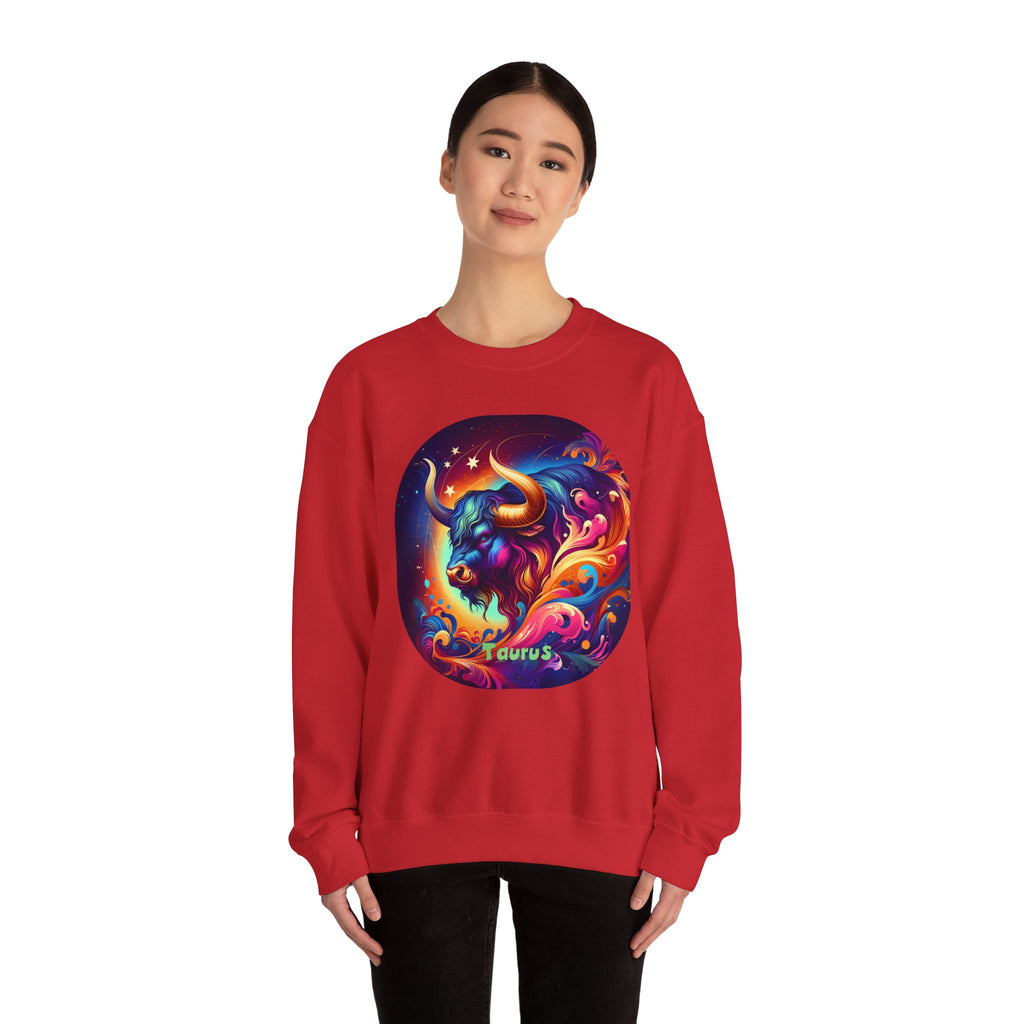 Taurus Zodiac Crewneck Sweatshirt — Vibrant Neon Bull Astrology Sweatshirt