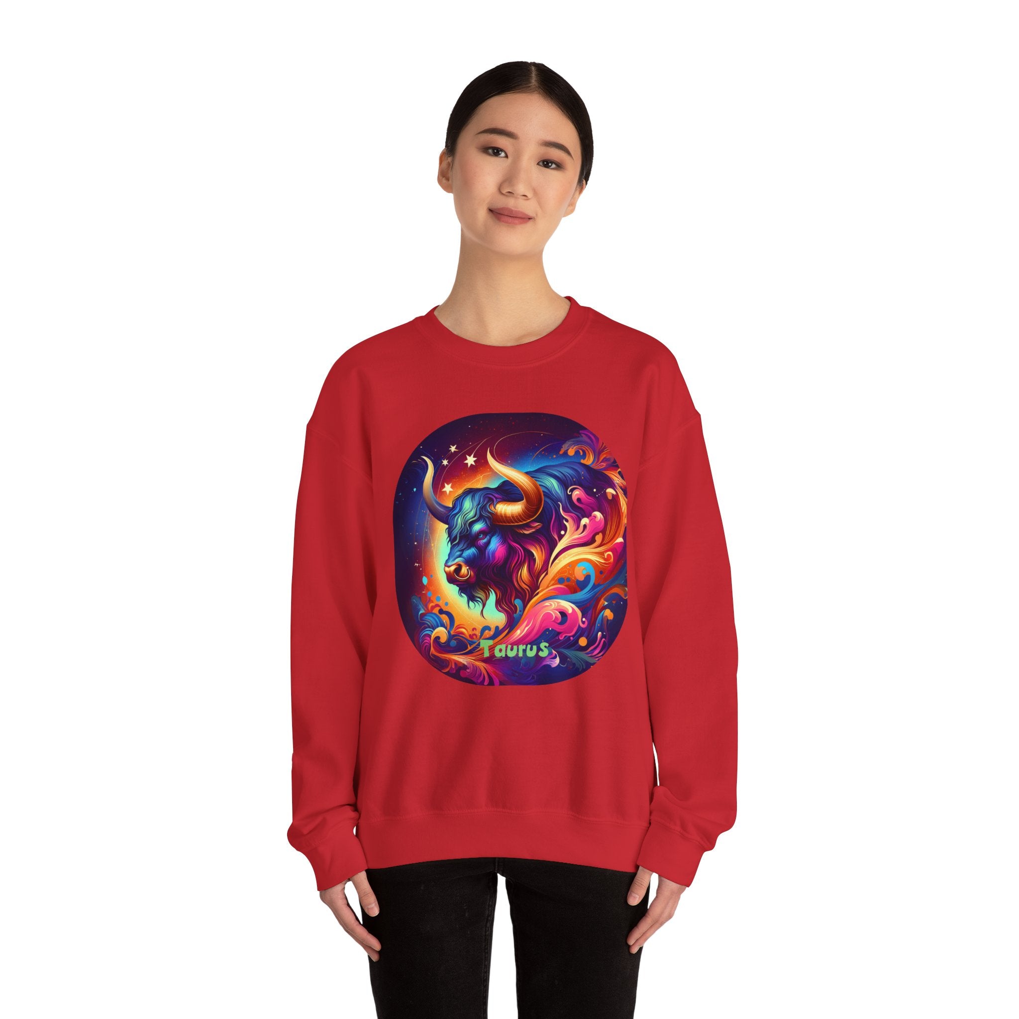 Taurus Zodiac Crewneck Sweatshirt — Vibrant Neon Bull Astrology Sweatshirt