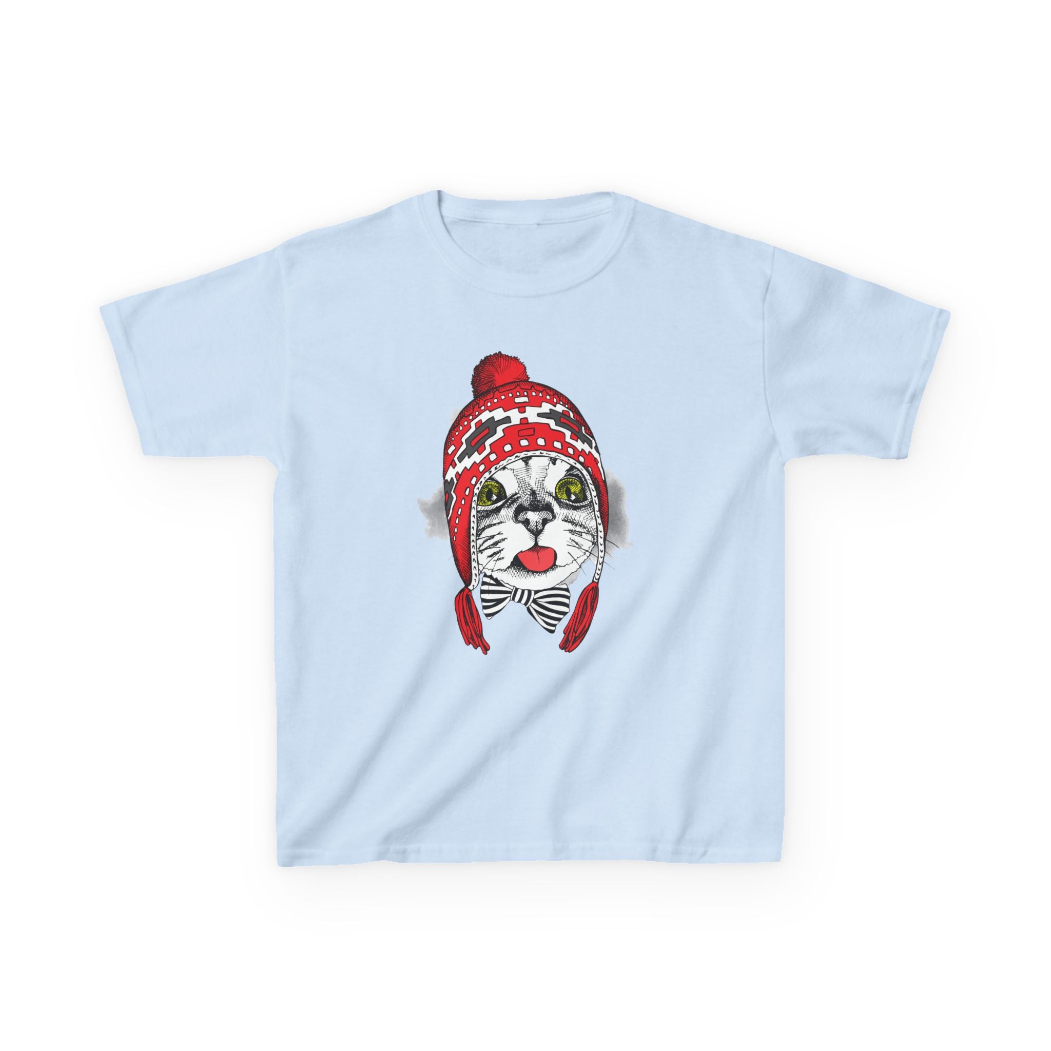 Kids Tee — Cat in Red Winter Hat & Bow Tie Holiday Shirt
