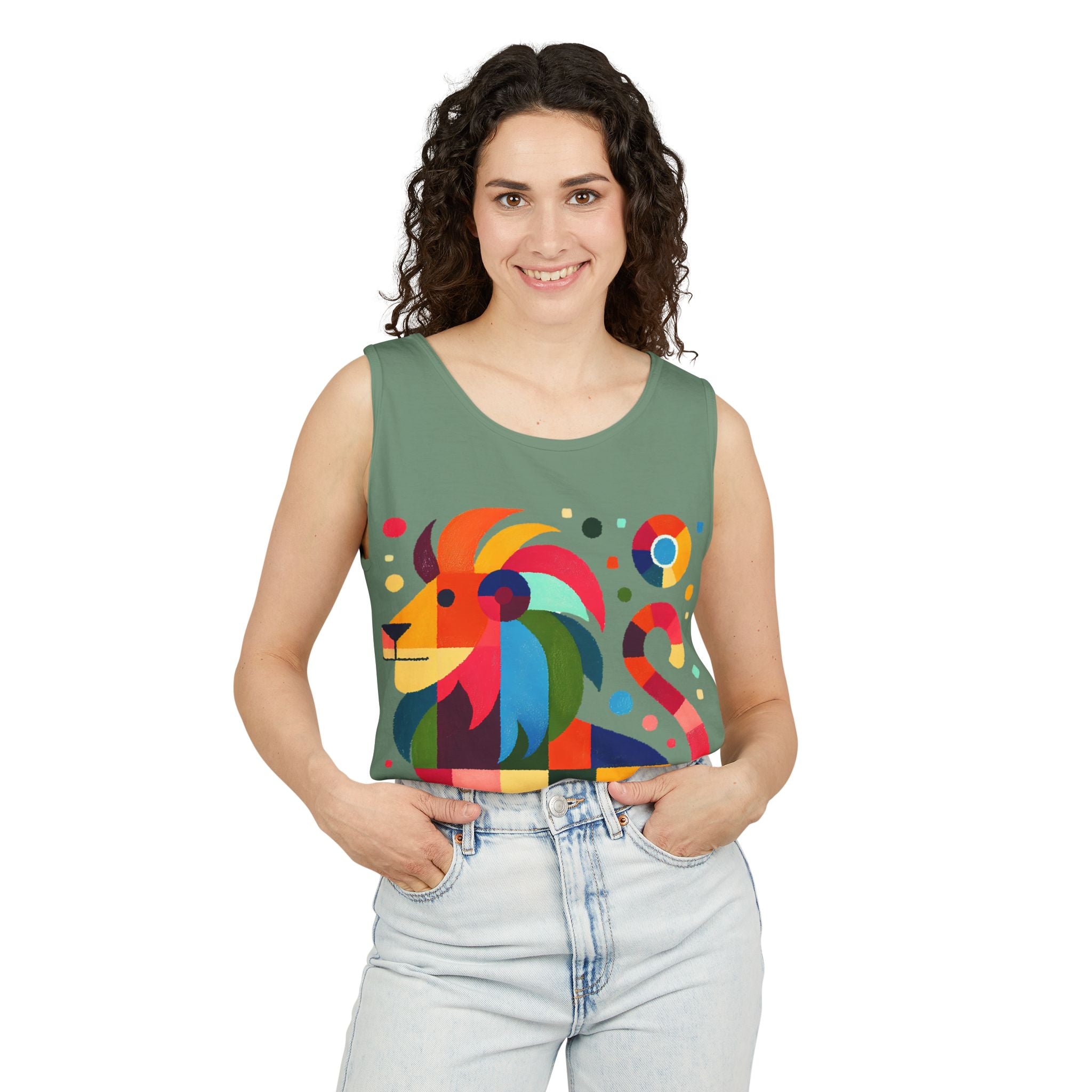 Colorful Geometric Lion Tank Top — Vibrant Pride & Zodiac Leo Graphic Tank