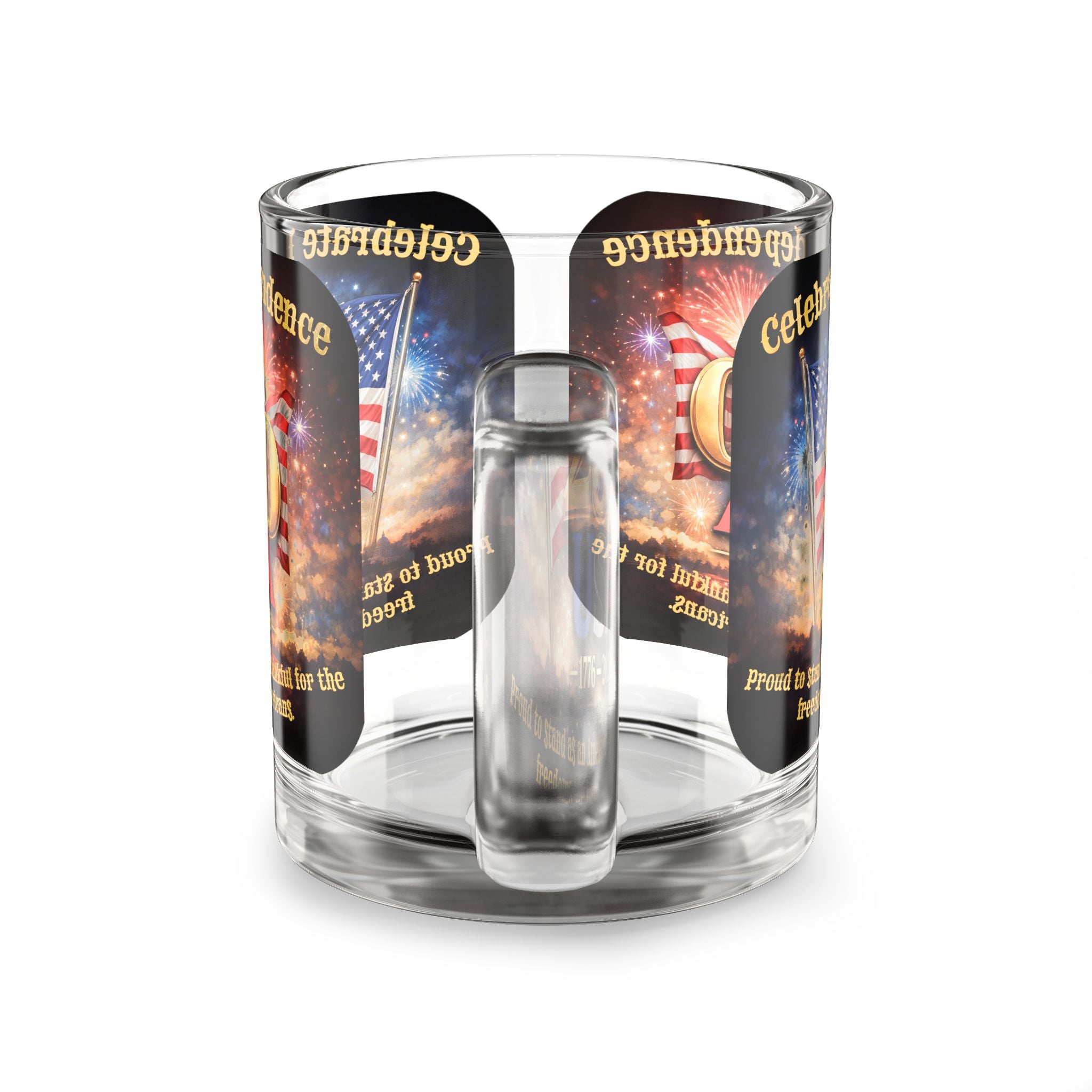 250th USA Independence Glass Mug — Celebrate Independence Day 1776–2026, Patriotic American Flag & Fireworks Coffee Cup