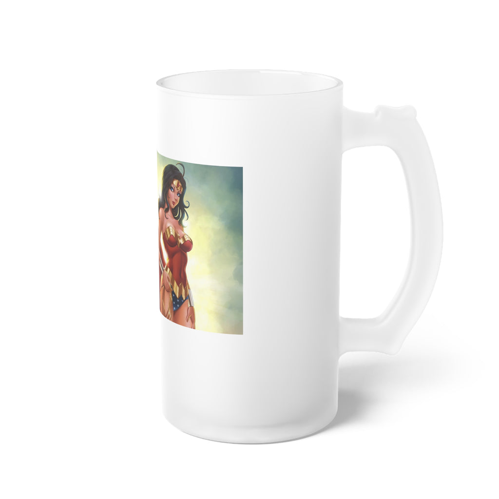 Frosted Glass Beer Mug — Retro Superhero Pin-Up Art