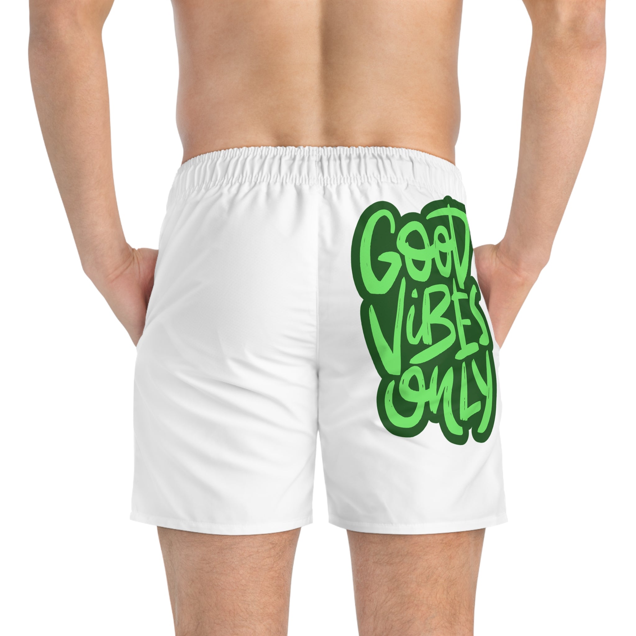 Swim Trunks — "Good Vibes Only" Green Graffiti Swim Shorts