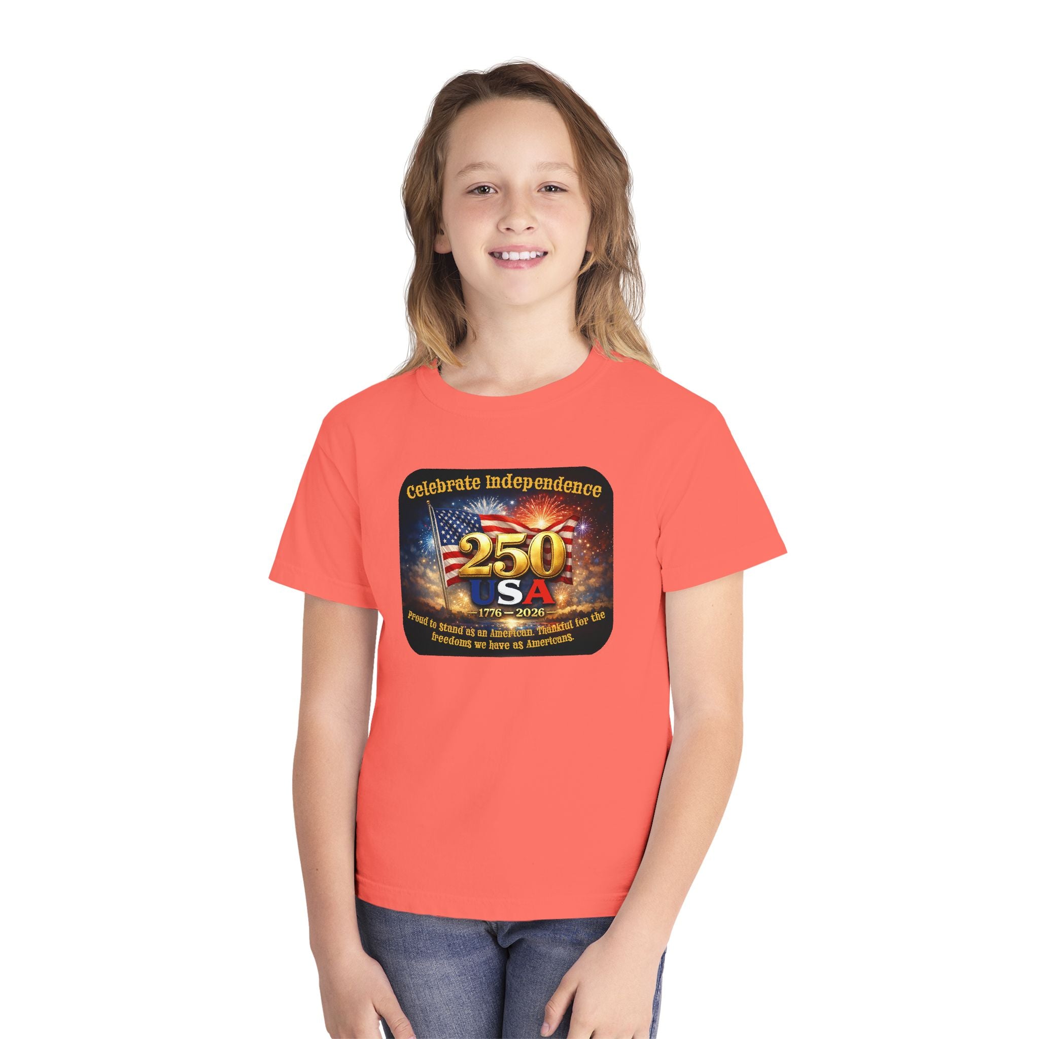 Youth Tee — "Celebrate Independence 250 USA" Patriotic Fireworks T-Shirt