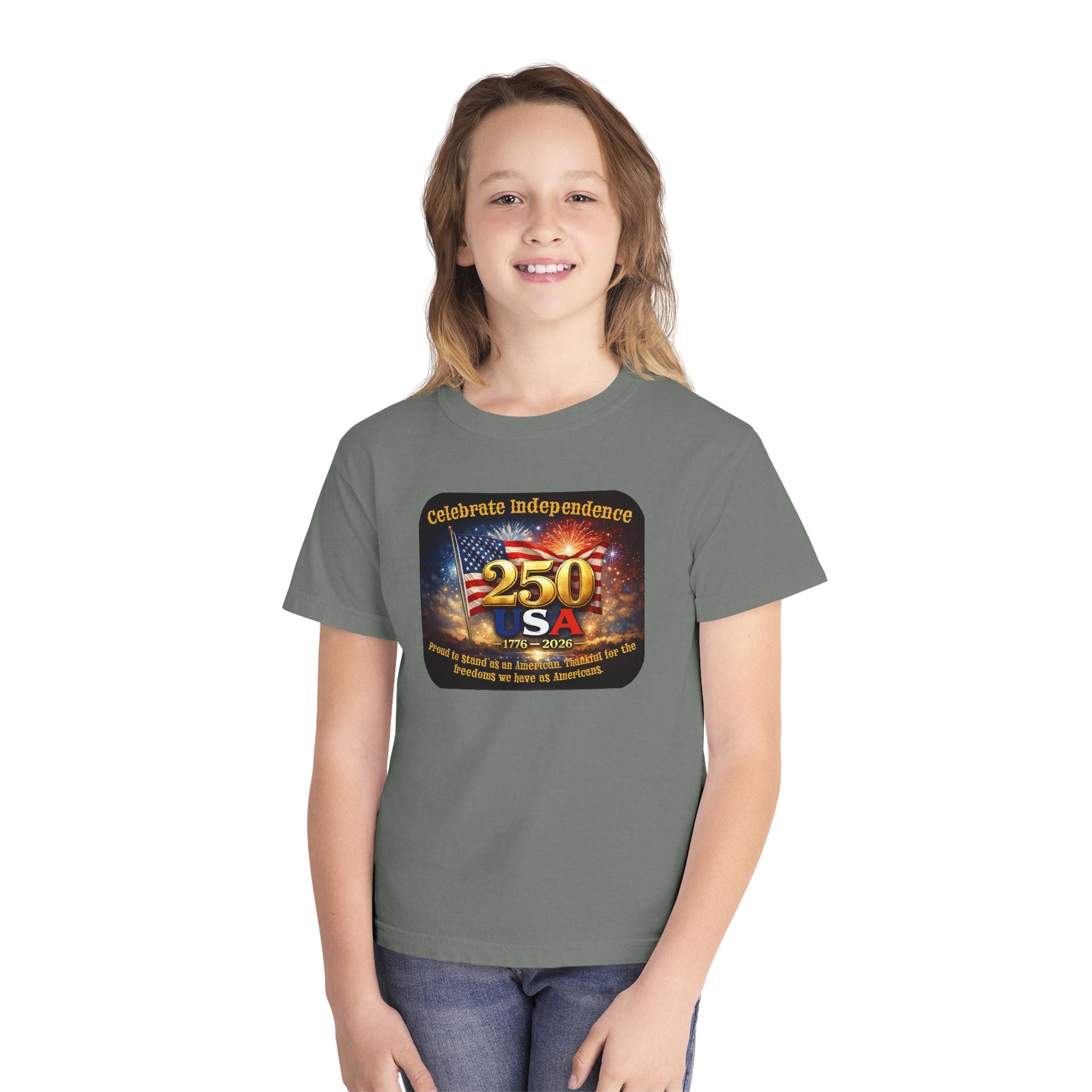 Youth Tee — "Celebrate Independence 250 USA" Patriotic Fireworks T-Shirt