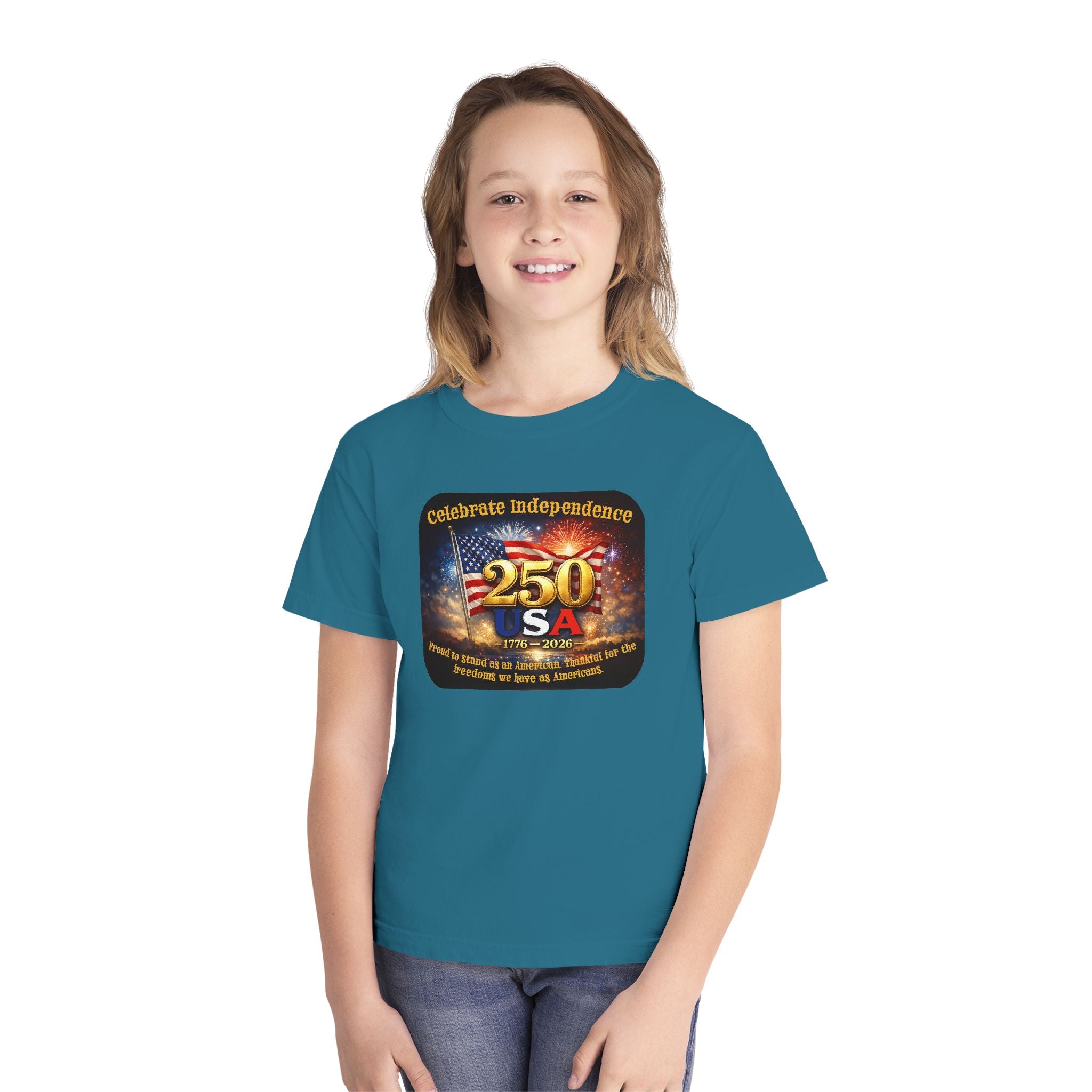 Youth Tee — "Celebrate Independence 250 USA" Patriotic Fireworks T-Shirt