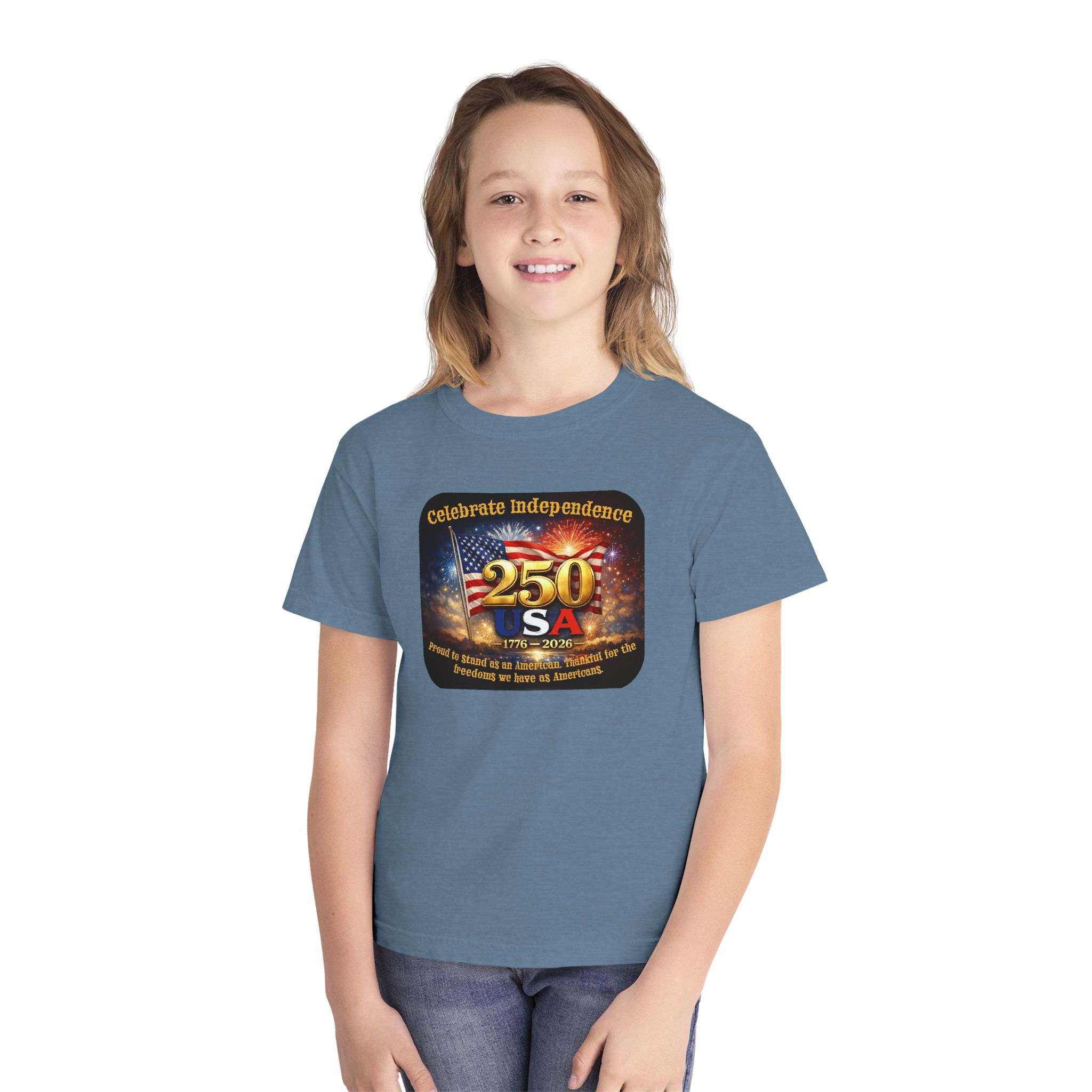 Youth Tee — "Celebrate Independence 250 USA" Patriotic Fireworks T-Shirt