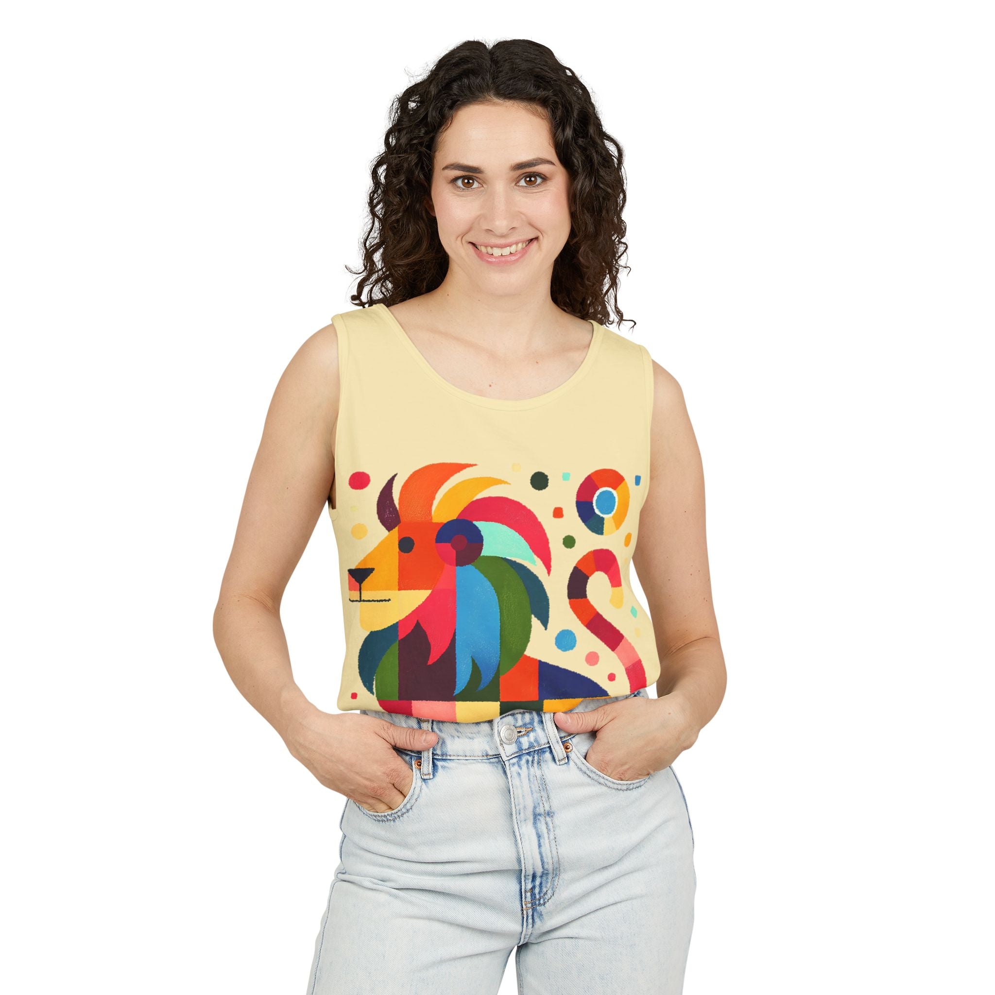 Colorful Geometric Lion Tank Top — Vibrant Pride & Zodiac Leo Graphic Tank
