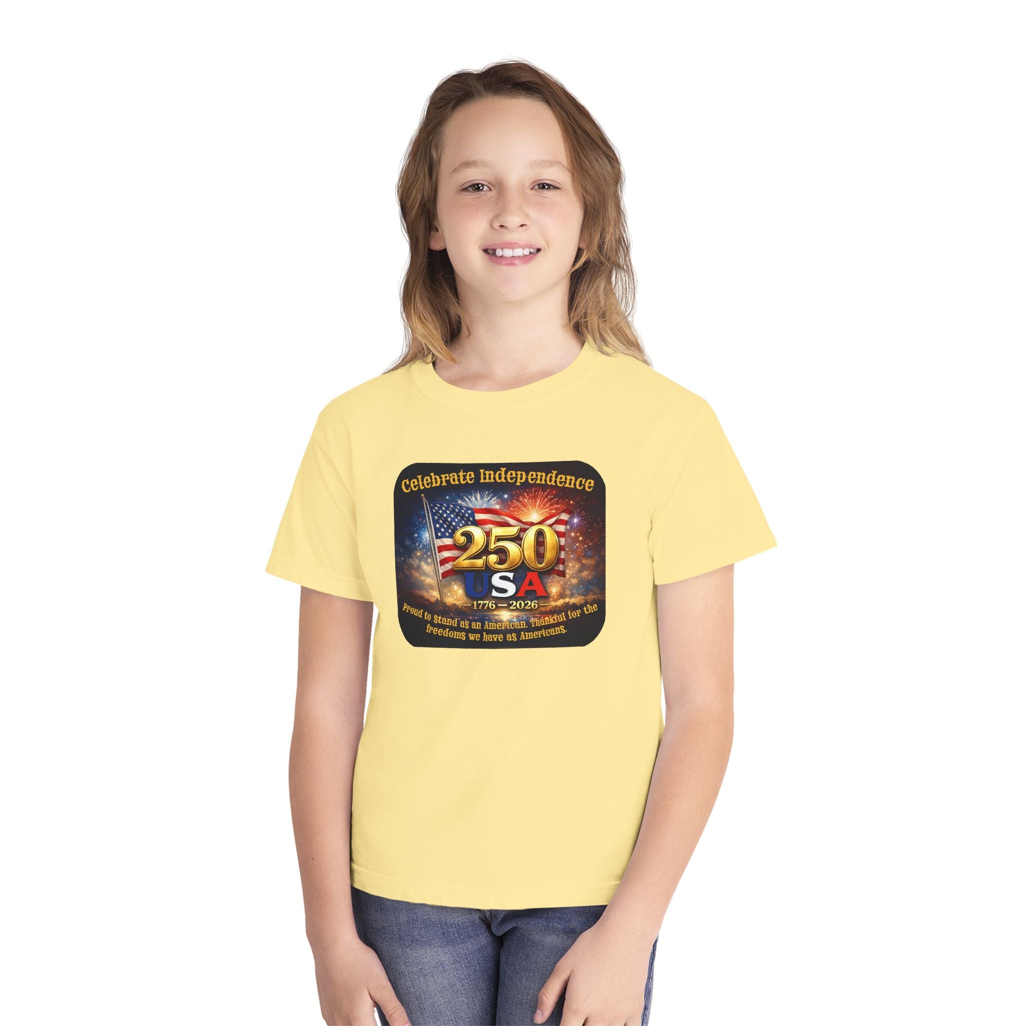 Youth Tee — "Celebrate Independence 250 USA" Patriotic Fireworks T-Shirt